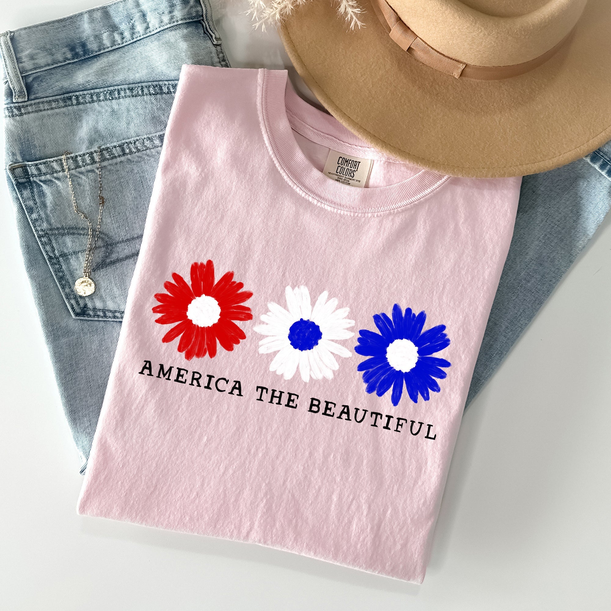 America The Beautiful, Flowers, Red White Blue Tshirt Comfort Colors T-Shirt