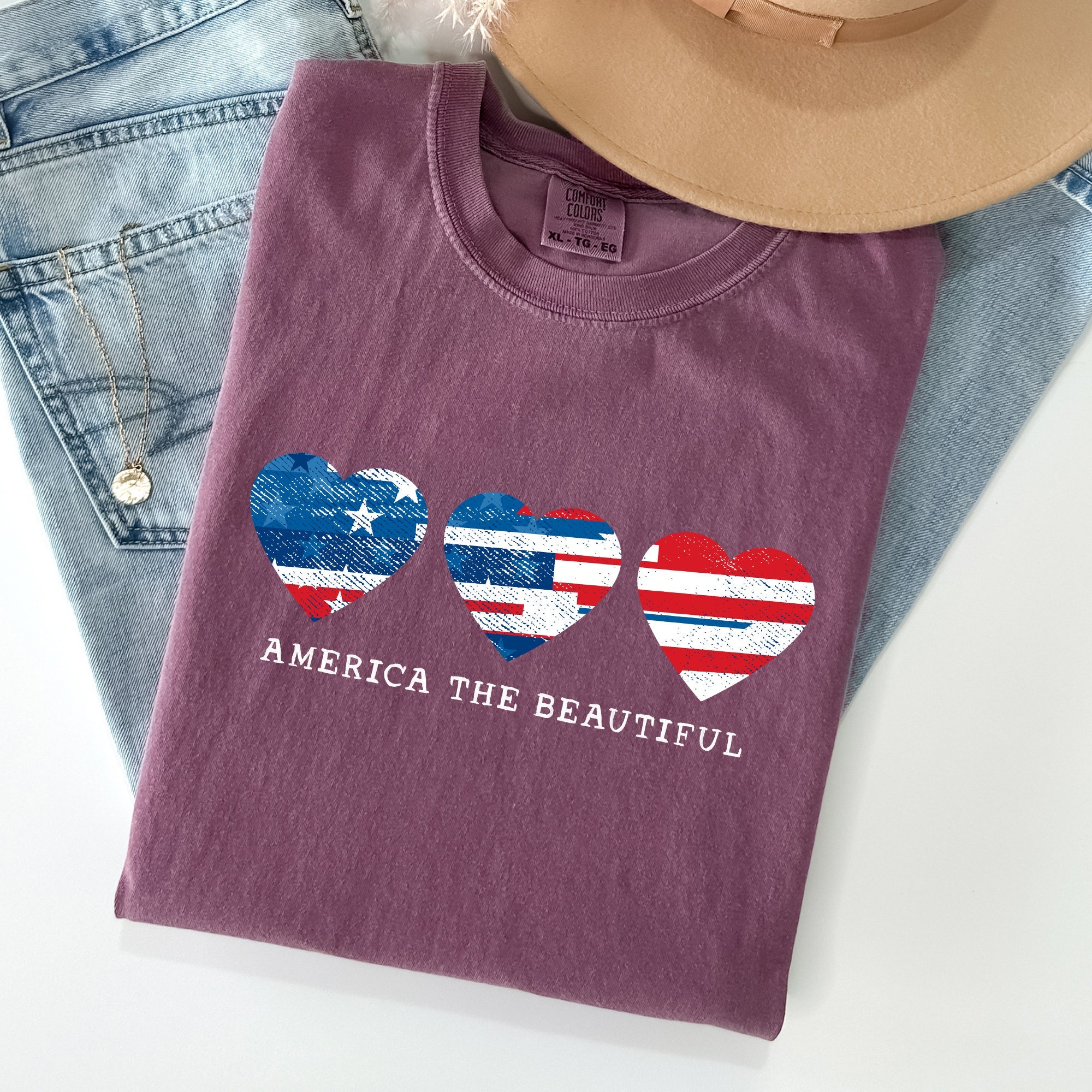 America The Beautiful, Retro Hearts, Patriotic Tshirt Comfort Colors T-Shirt
