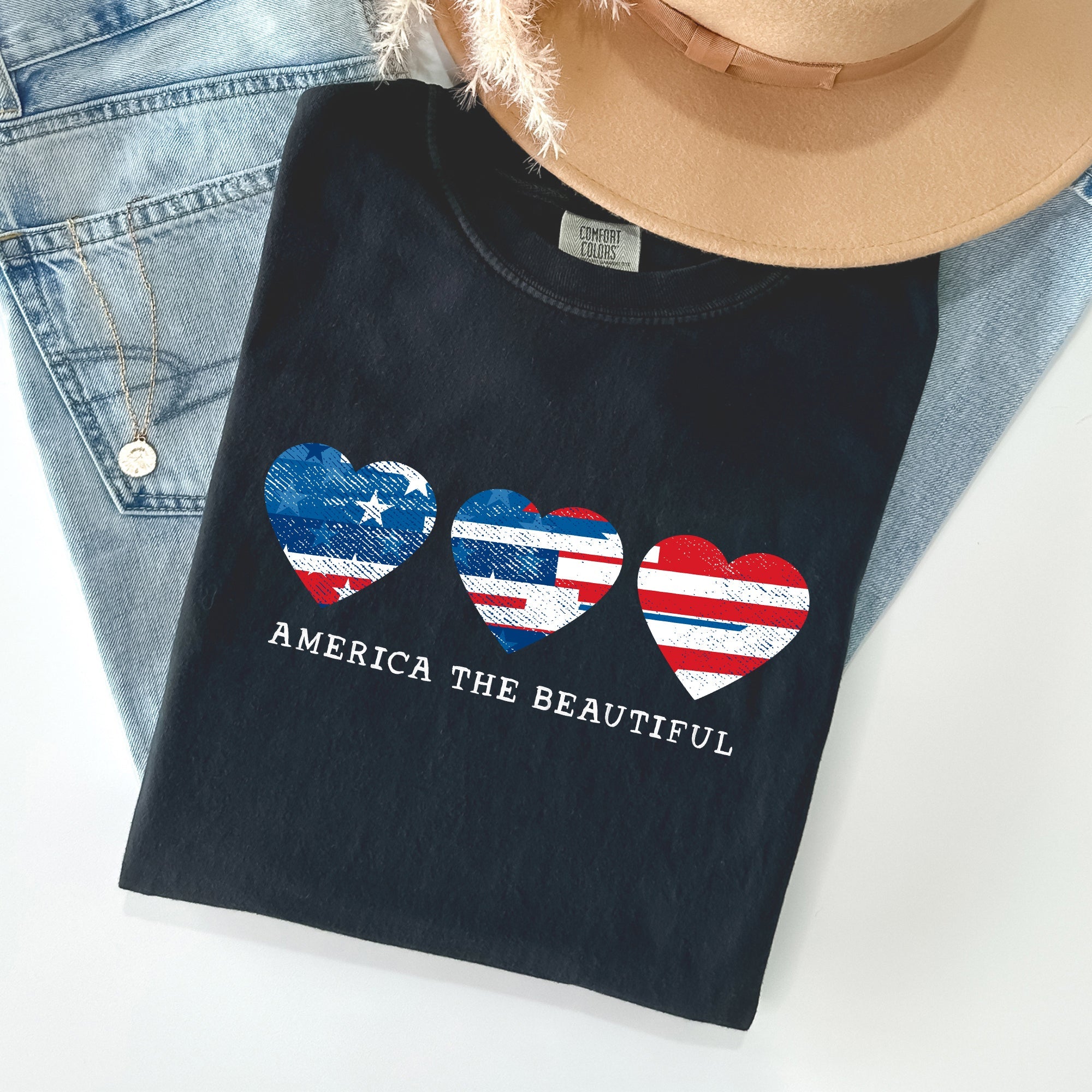 America The Beautiful, Retro Hearts, Patriotic Tshirt Comfort Colors T-Shirt