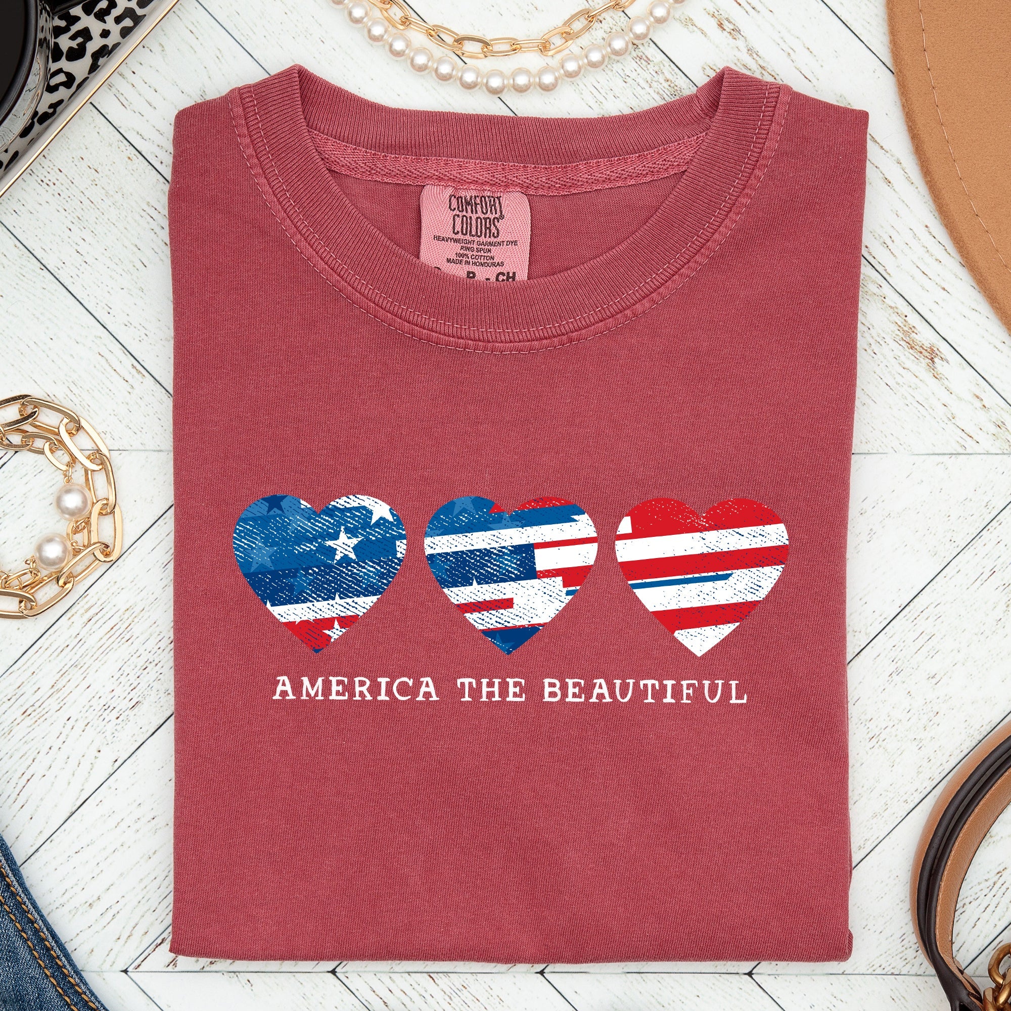America The Beautiful, Retro Hearts, Patriotic Tshirt Comfort Colors T-Shirt