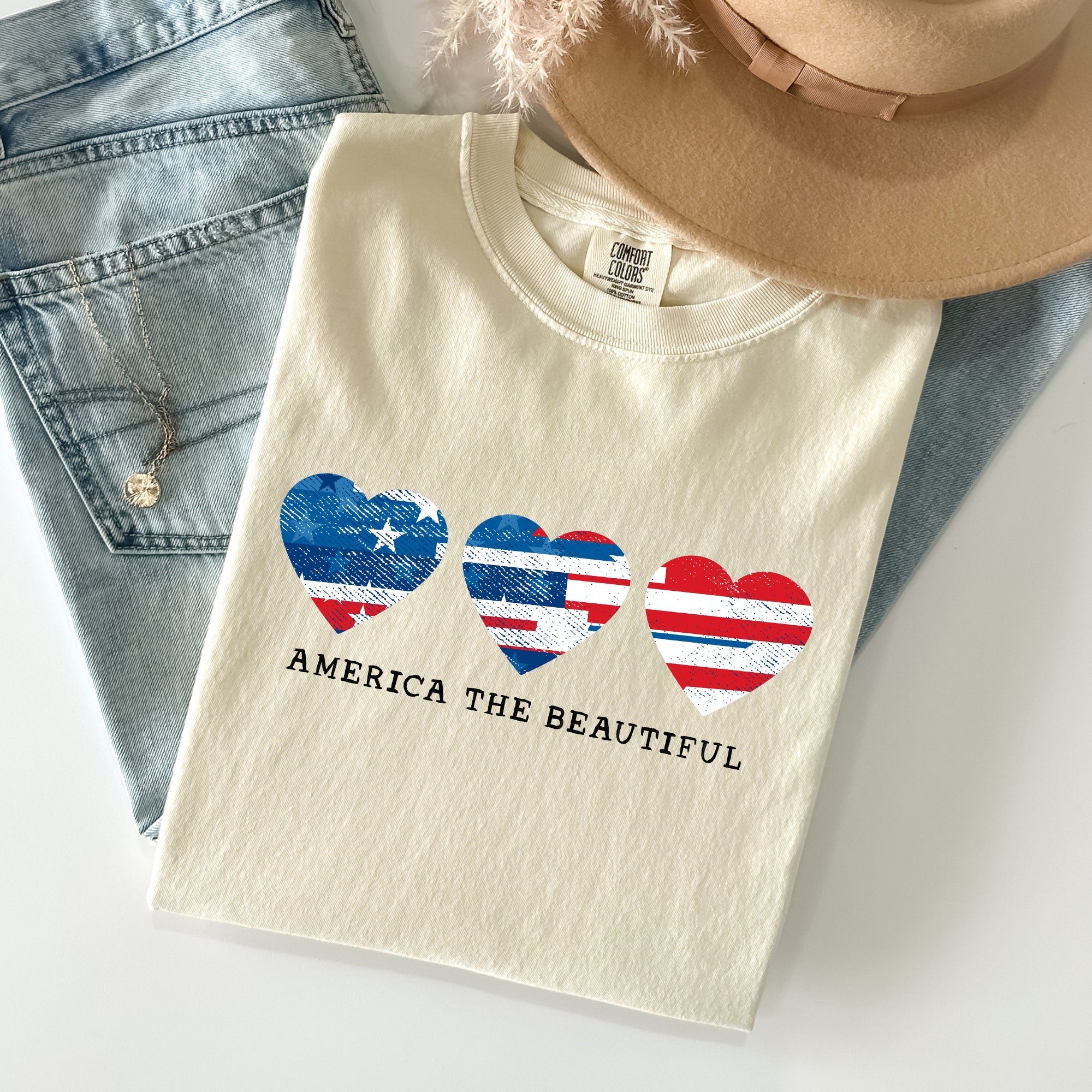 America The Beautiful, Retro Hearts, Patriotic Tshirt Comfort Colors T-Shirt