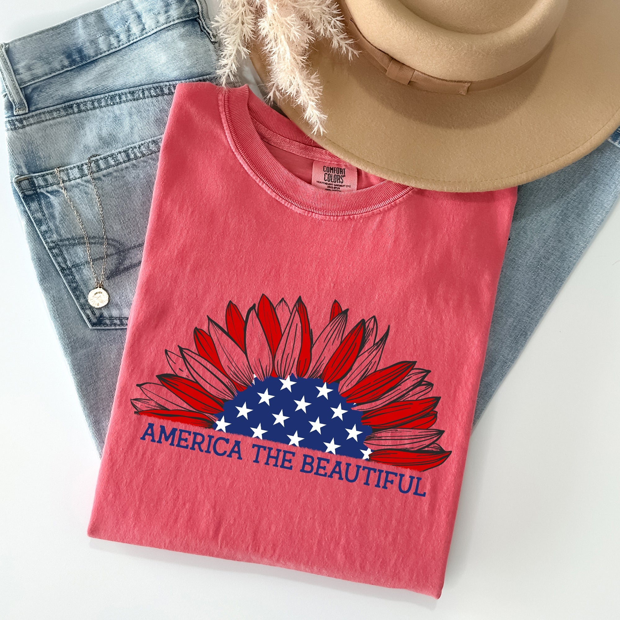 America The Beautiful, Sunflower Flag, Red White Blue Tshirt Comfort Colors T-Shirt