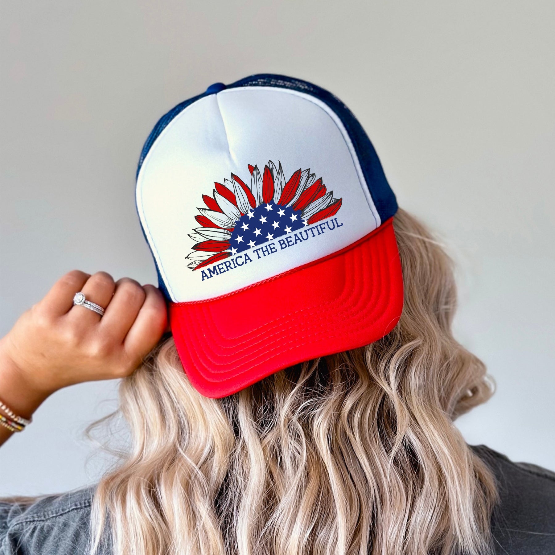 America The Beautiful, Sunflower, Patriotic, Snapback Trucker Hat