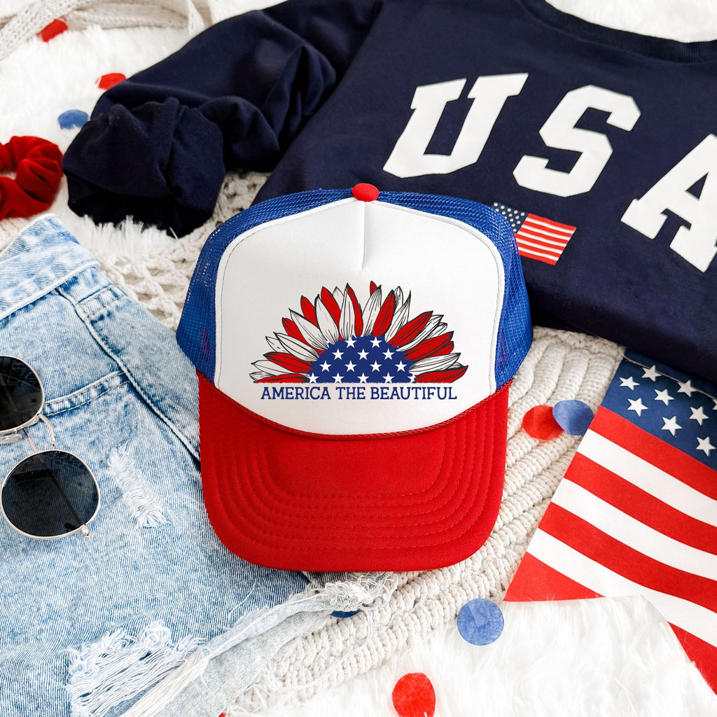 America The Beautiful, Sunflower, Patriotic, Snapback Trucker Hat