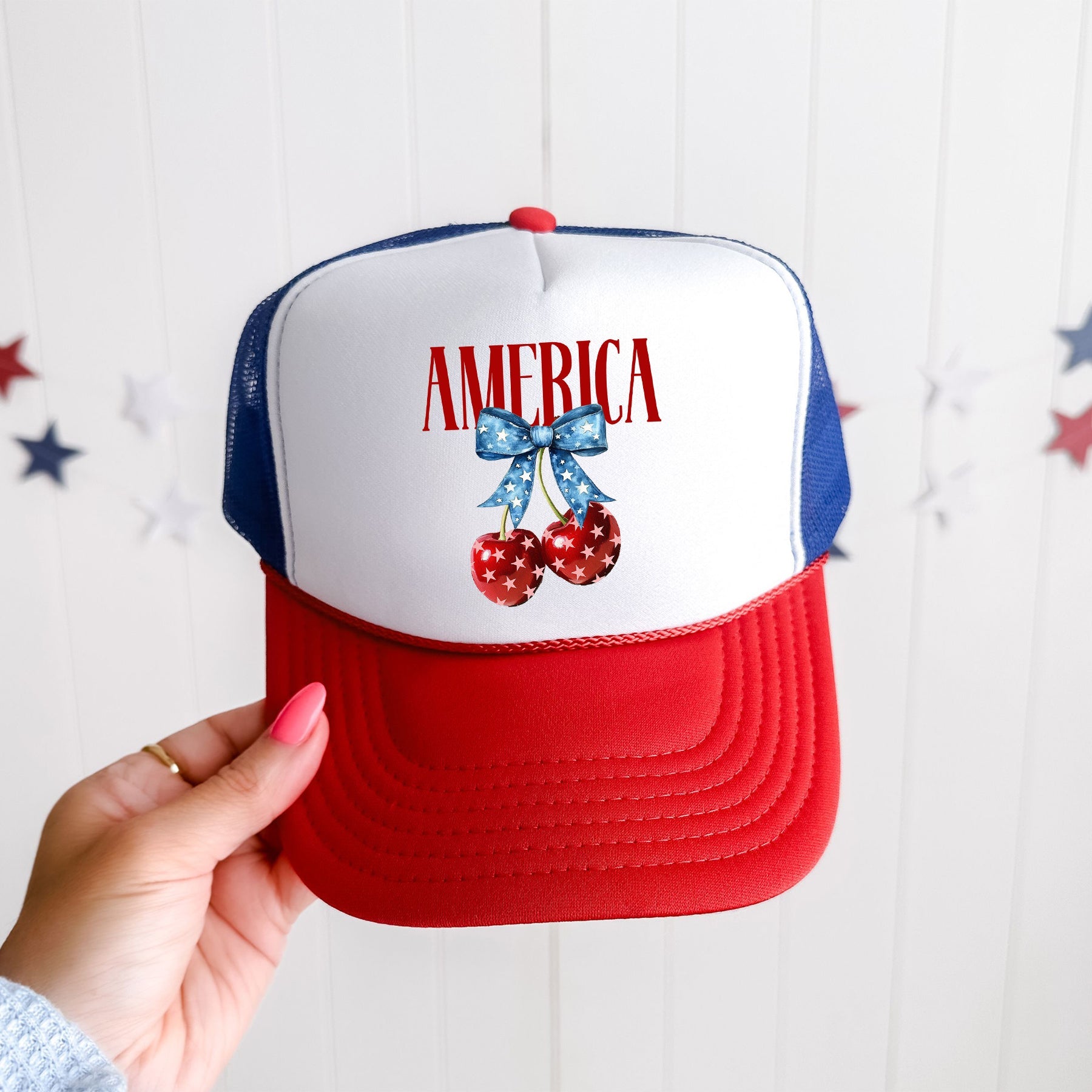 America, Cherries, Patriotic, Snapback Trucker Hat