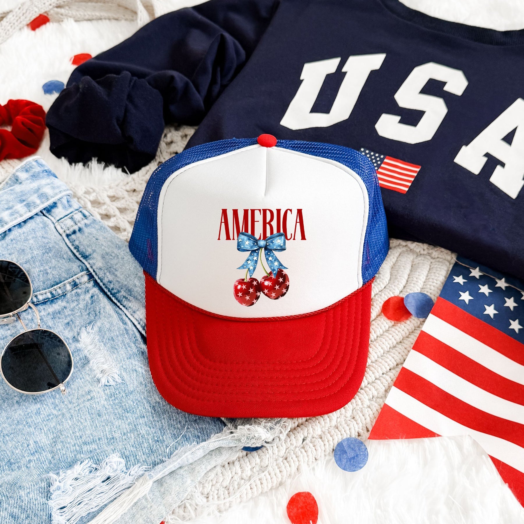America, Cherries, Patriotic, Snapback Trucker Hat