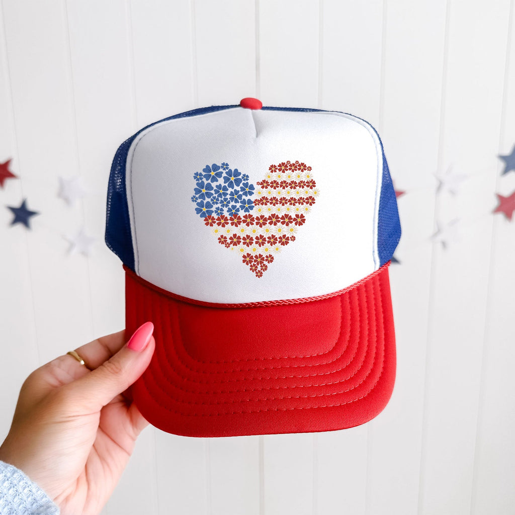 America, Floral Heart, Patriotic, Snapback Trucker Hat