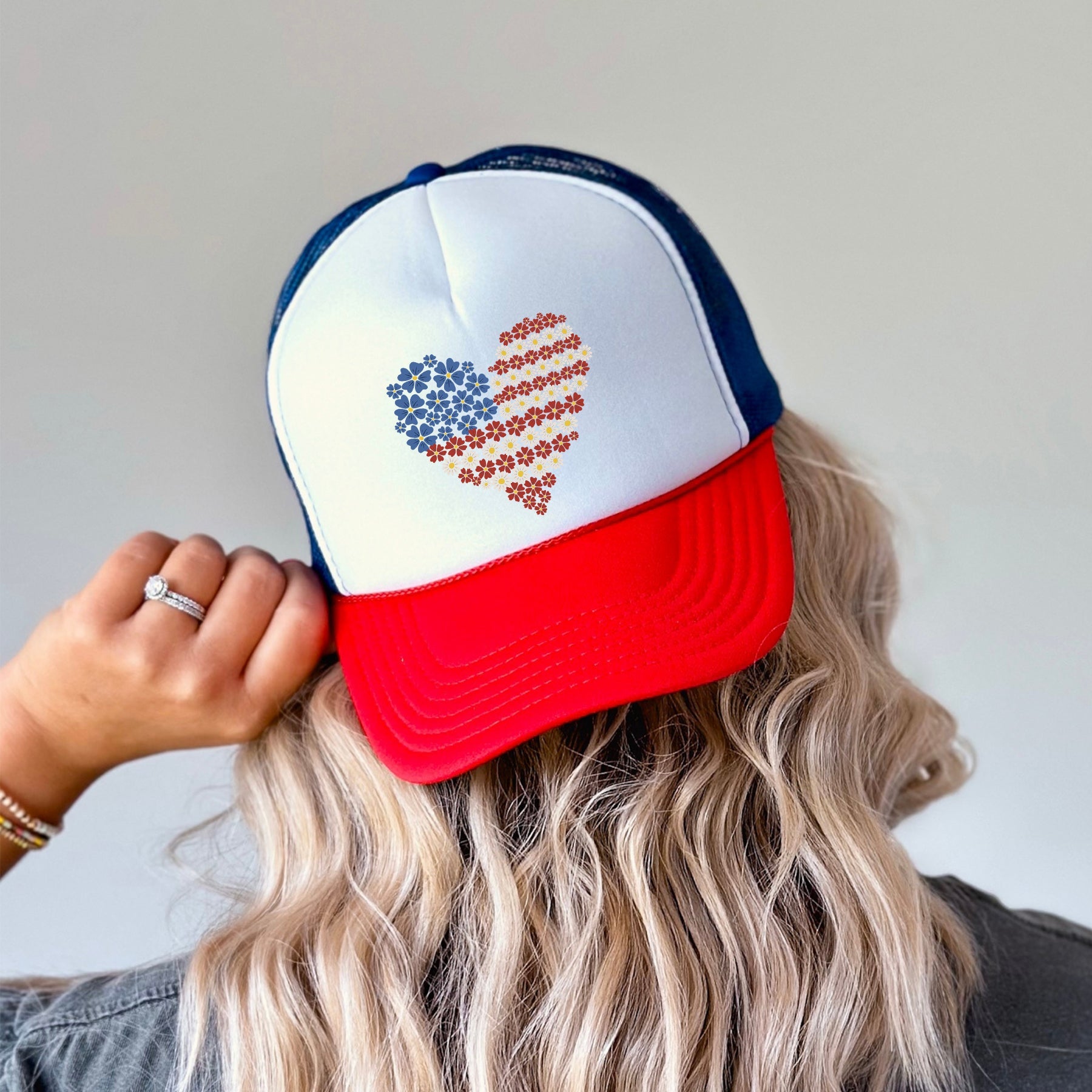 America, Floral Heart, Patriotic, Snapback Trucker Hat
