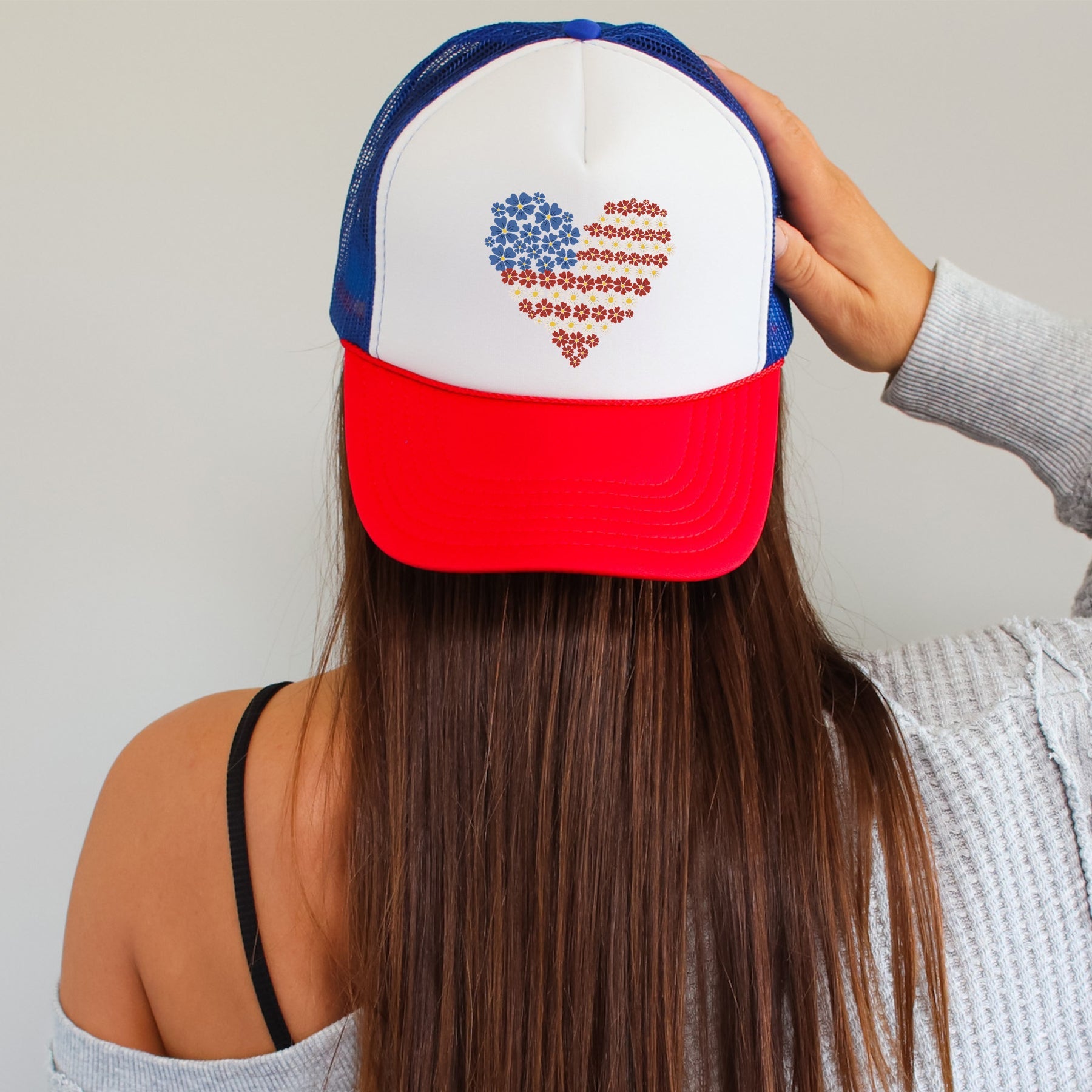 America, Floral Heart, Patriotic, Snapback Trucker Hat