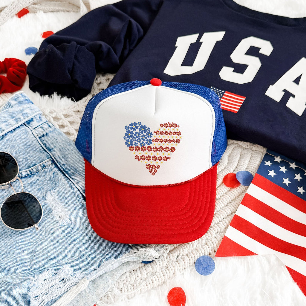 America, Floral Heart, Patriotic, Snapback Trucker Hat