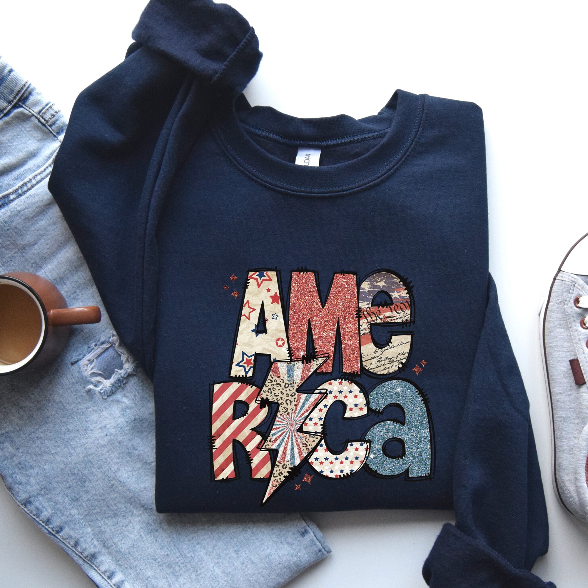 America, Patriotic Lightening Bolt Patterns Patch Sweatshirt