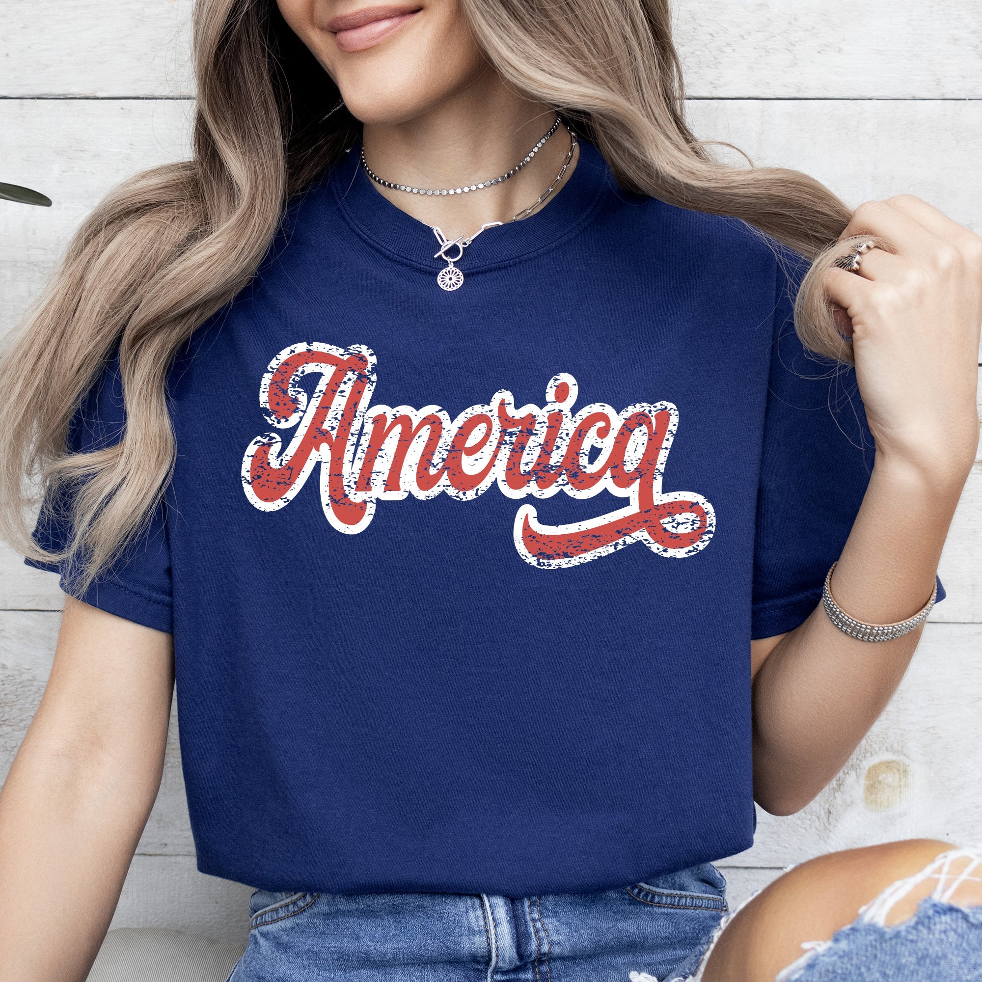 America, Red, White, Varsity, Retro, Patriotic, USA, 4th of July Tshirt Comfort Colors T-Shirt