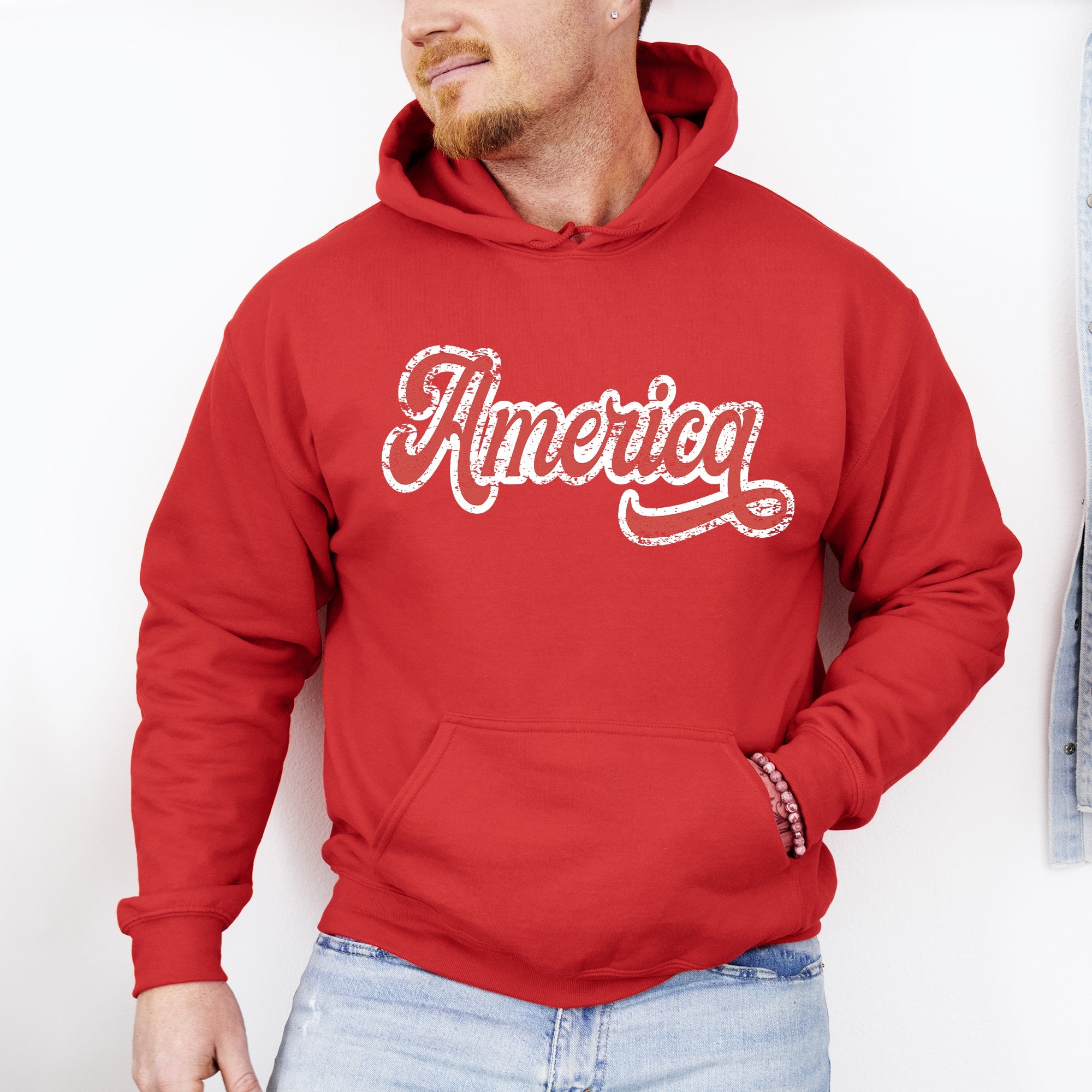America, Red, White, Varsity, Retro, Patriotic, USA, 4th of July Hoodie, Hooded Sweatshirt