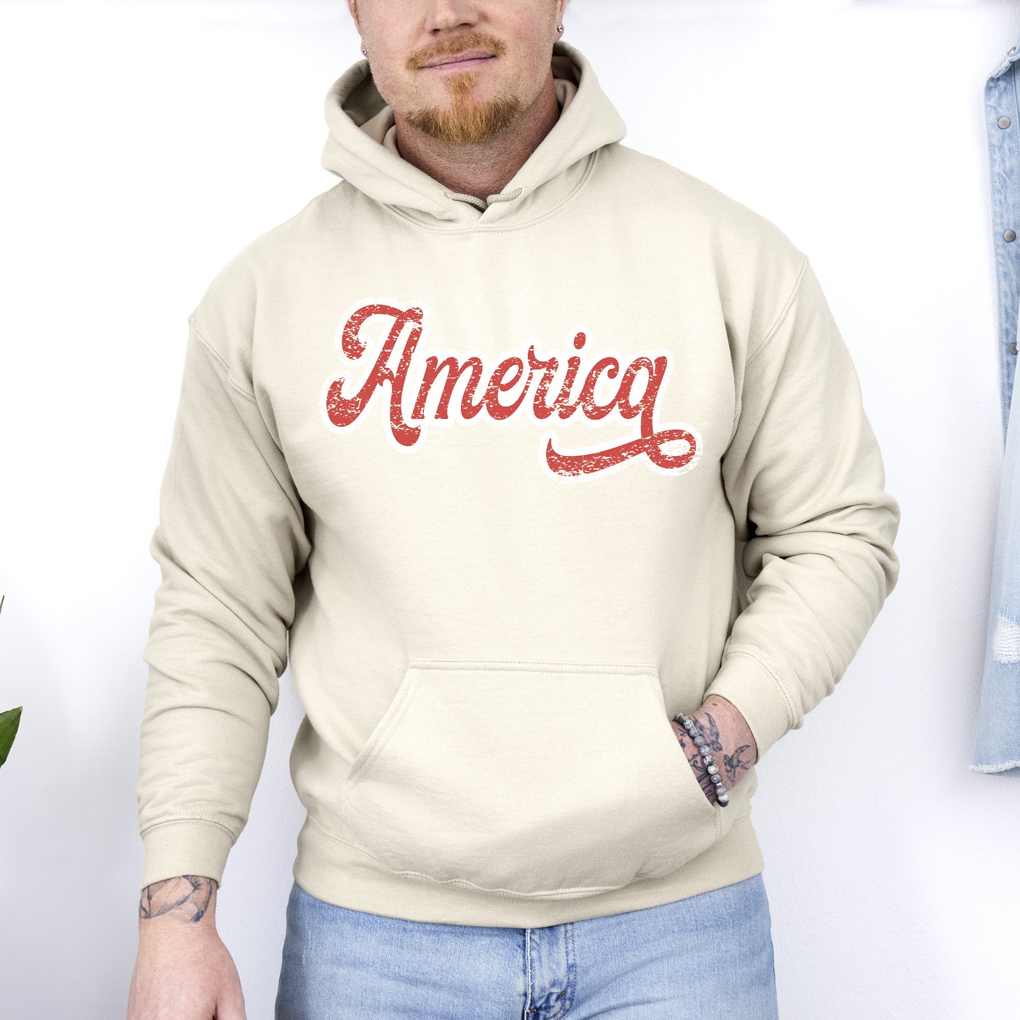 America, Red, White, Varsity, Retro, Patriotic, USA, 4th of July Hoodie, Hooded Sweatshirt