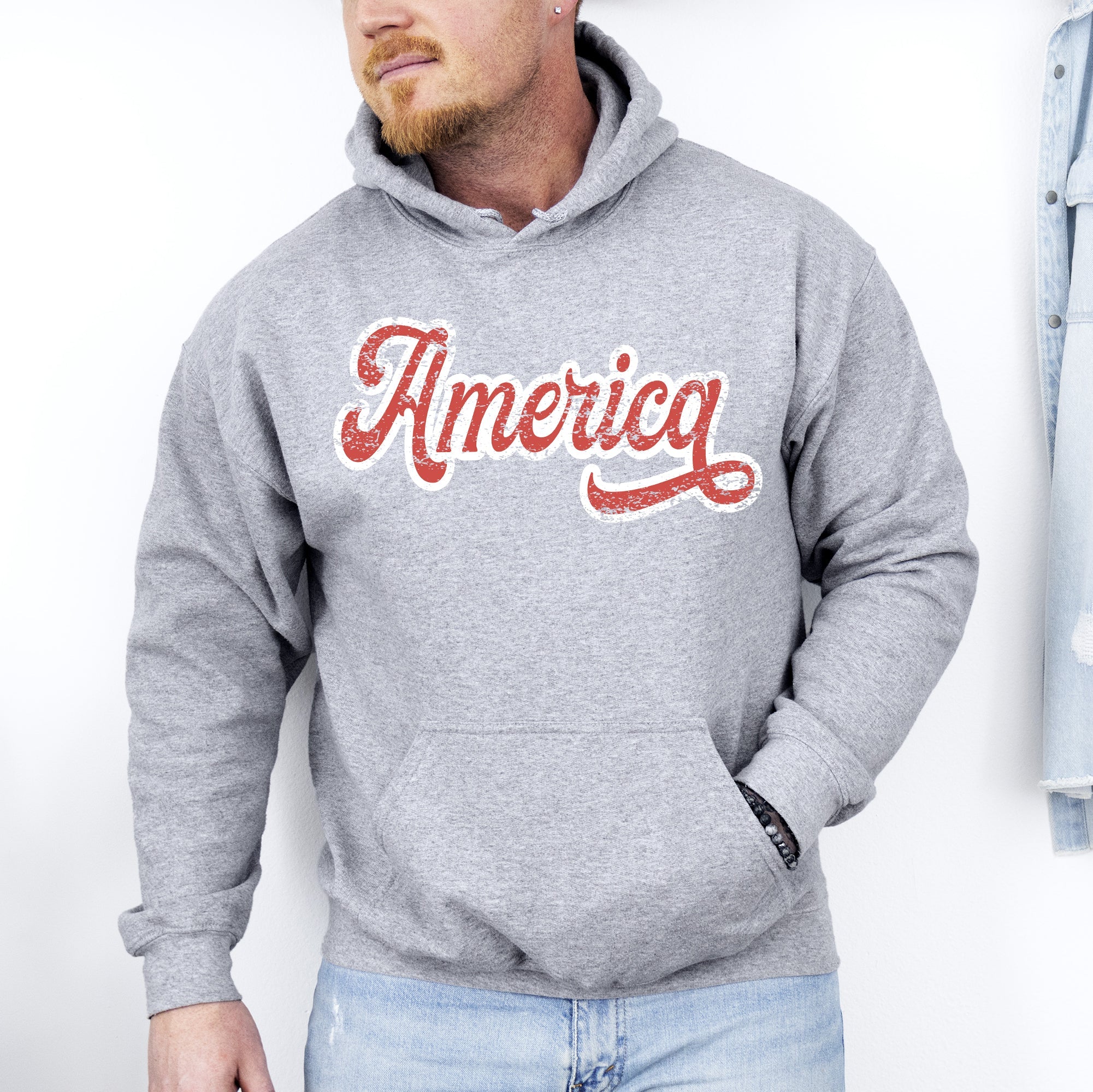 America, Red, White, Varsity, Retro, Patriotic, USA, 4th of July Hoodie, Hooded Sweatshirt