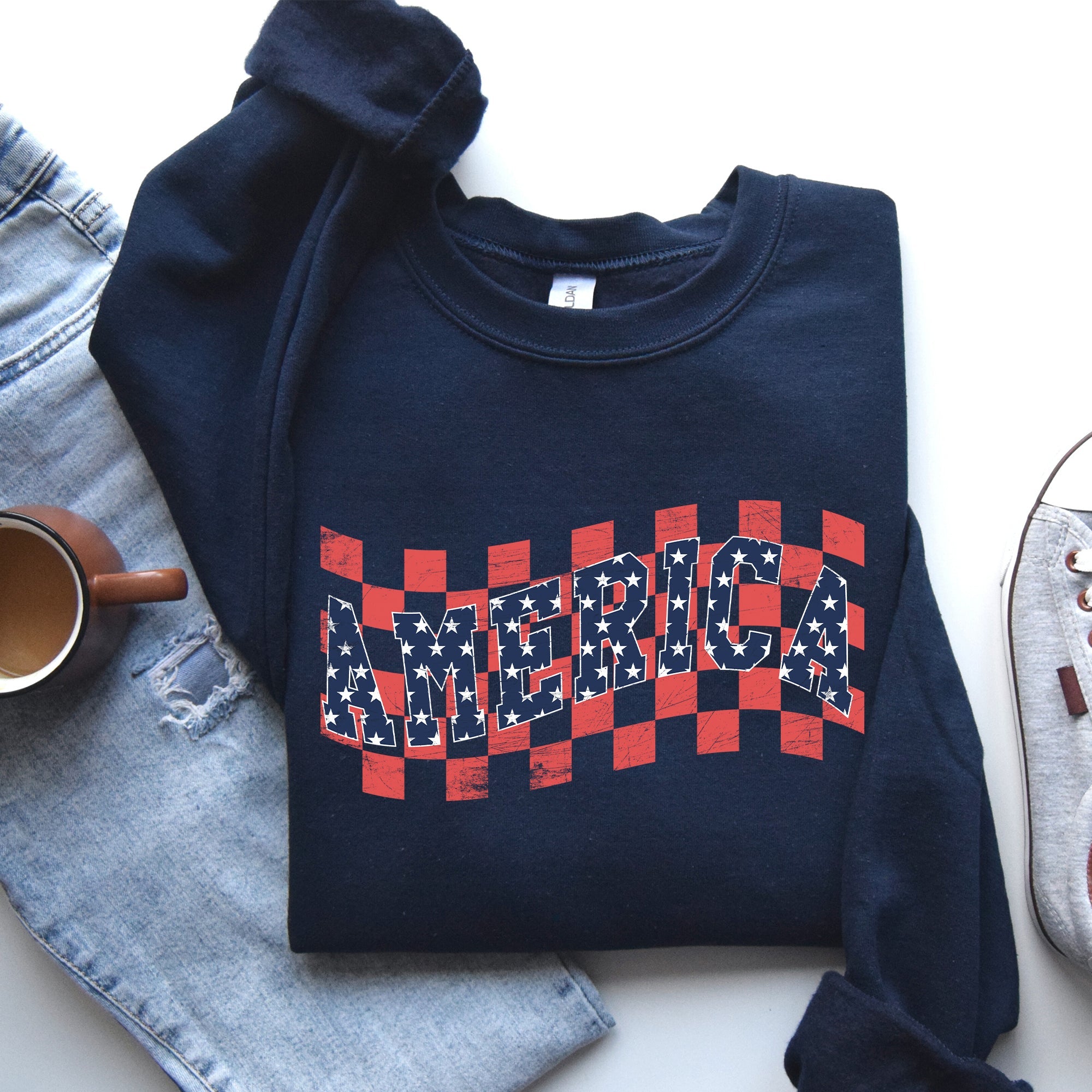 America, Retro, Patriotic USA Checkered,Vintage Sweatshirt