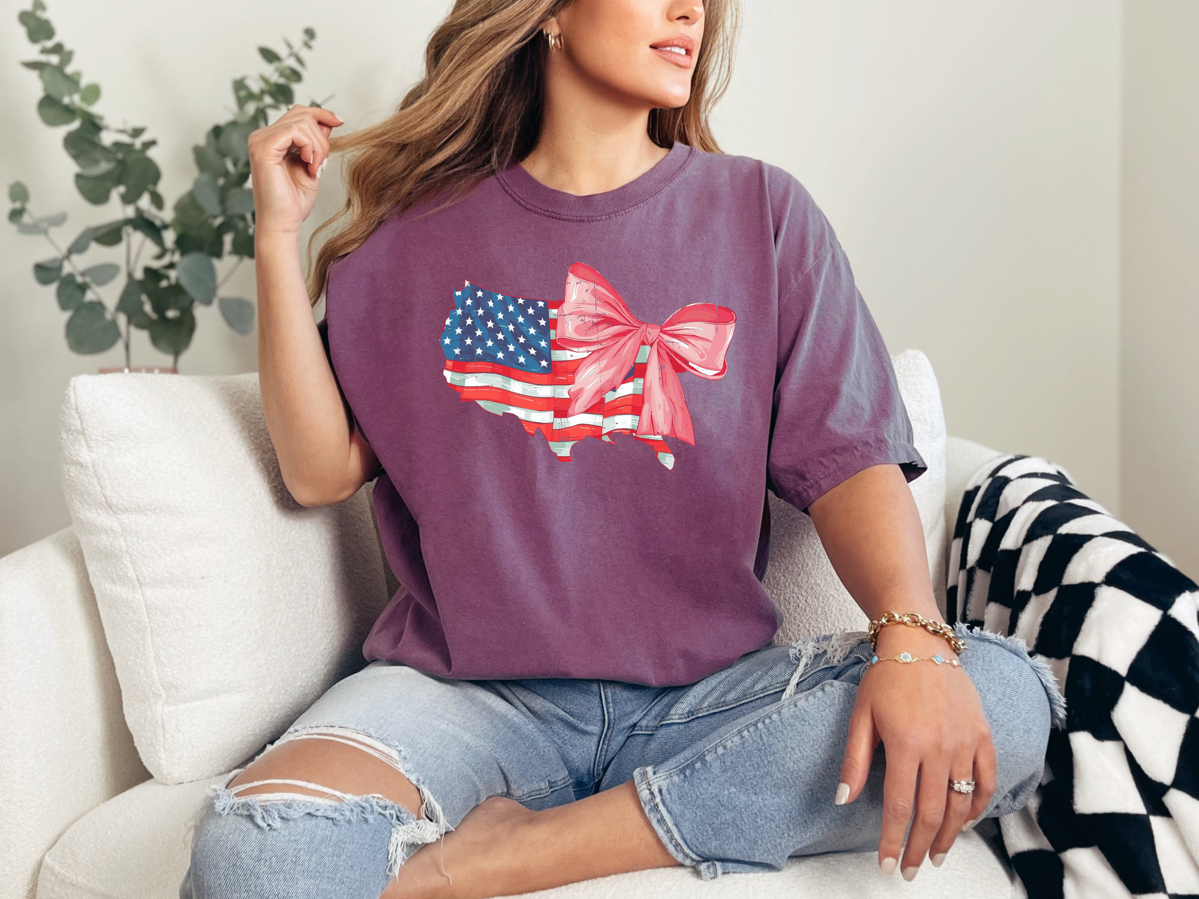 American Flag, Bow, Ribbon, Coquette, USA, Independence, Day, Retro, Vintage, Tshirt Comfort Colors T-Shirt
