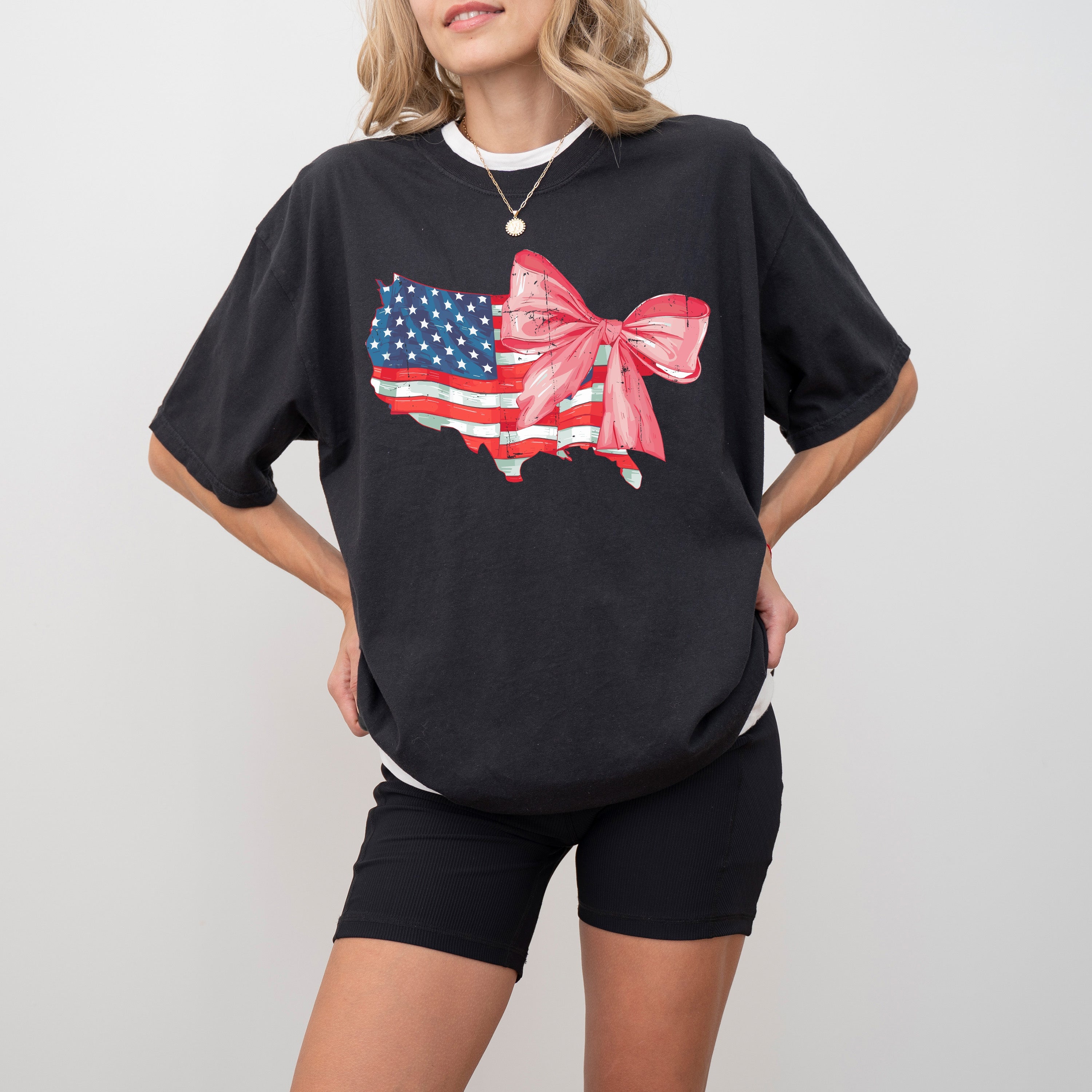 American Flag, Bow, Ribbon, Coquette, USA, Independence, Day, Retro, Vintage, Tshirt Comfort Colors T-Shirt