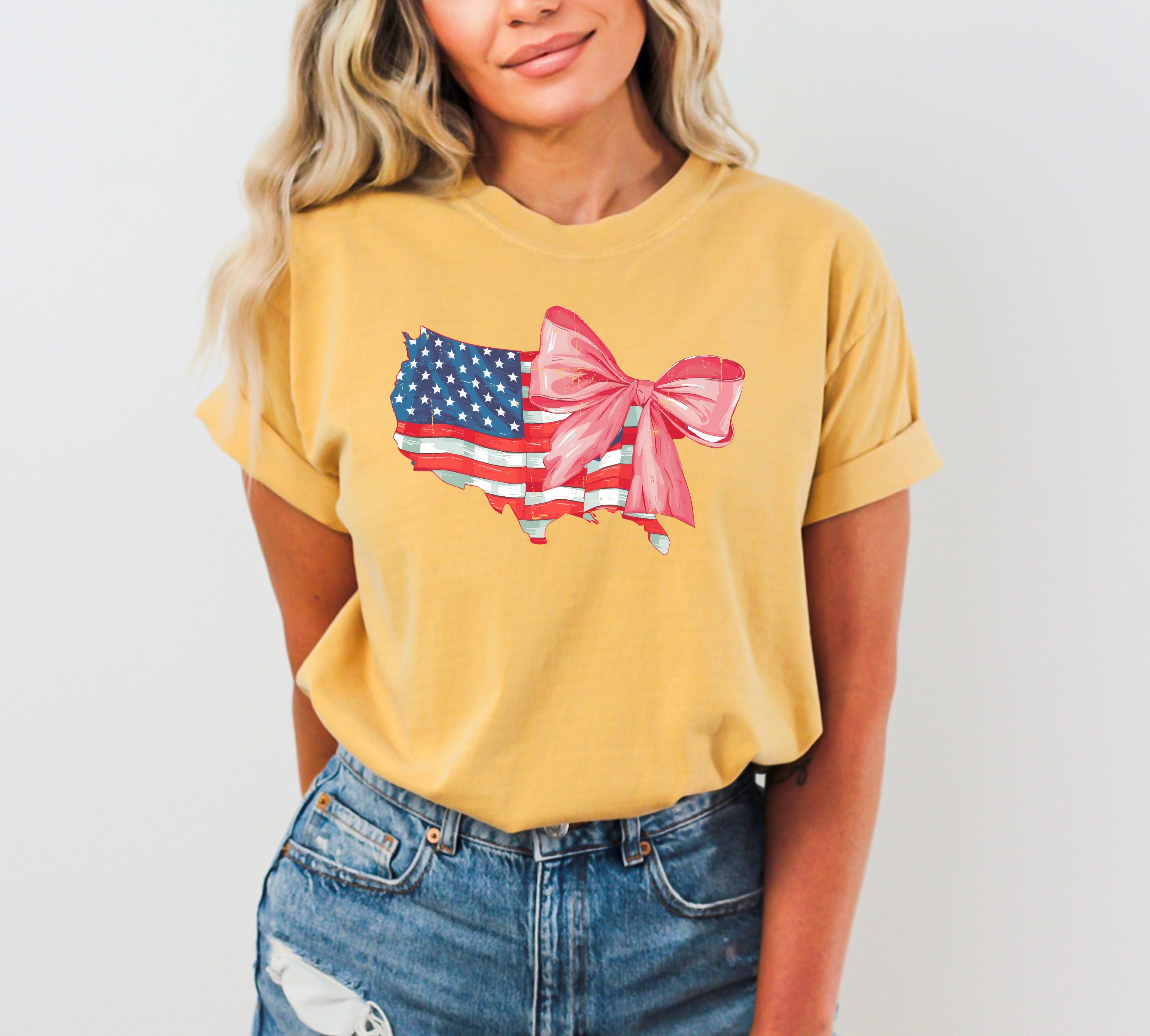 American Flag, Bow, Ribbon, Coquette, USA, Independence, Day, Retro, Vintage, Tshirt Comfort Colors T-Shirt