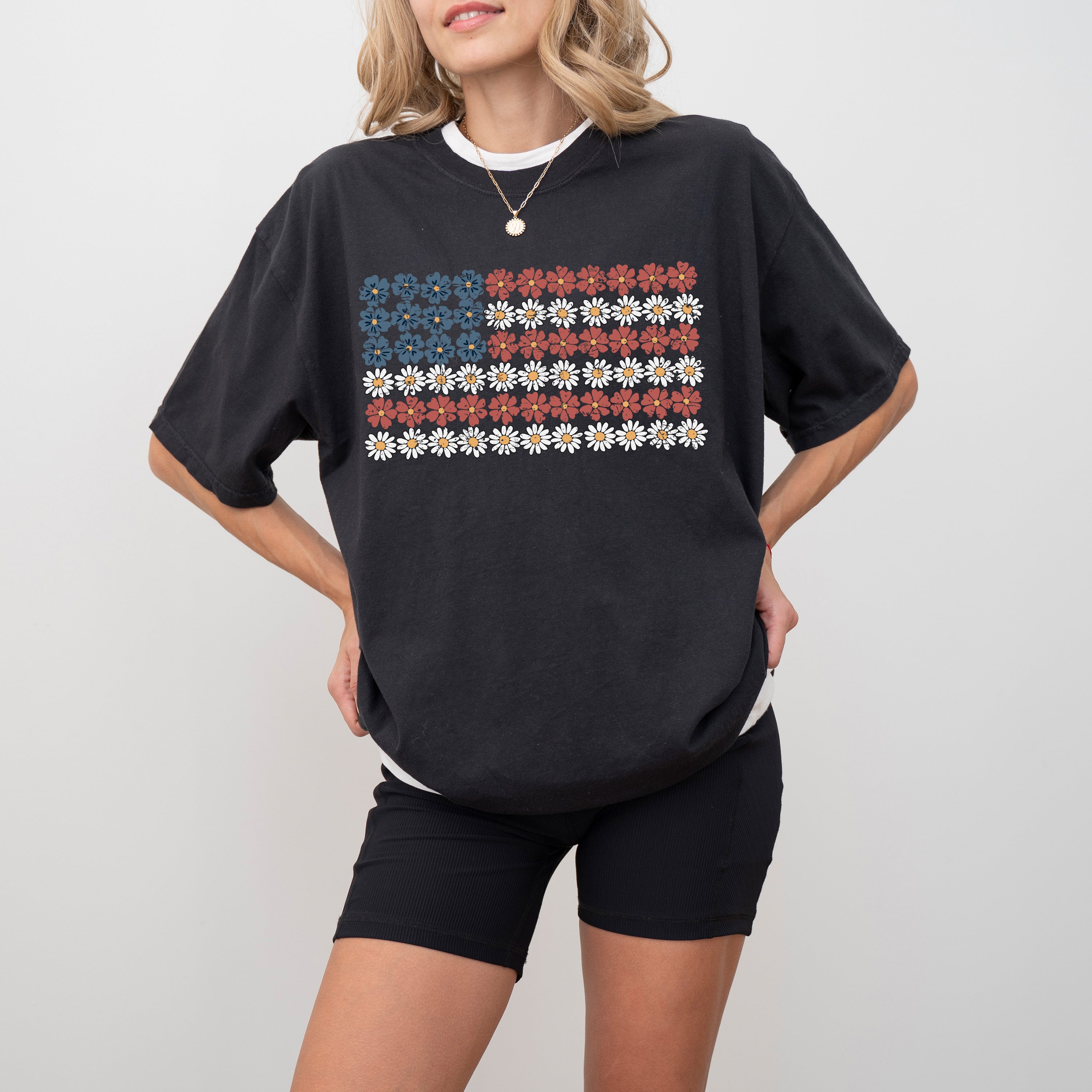 American Flag, Flowers, Red White Blue, Floral, Patriotic, Independence Day, 1776, USA, Tshirt Comfort Colors T-Shirt