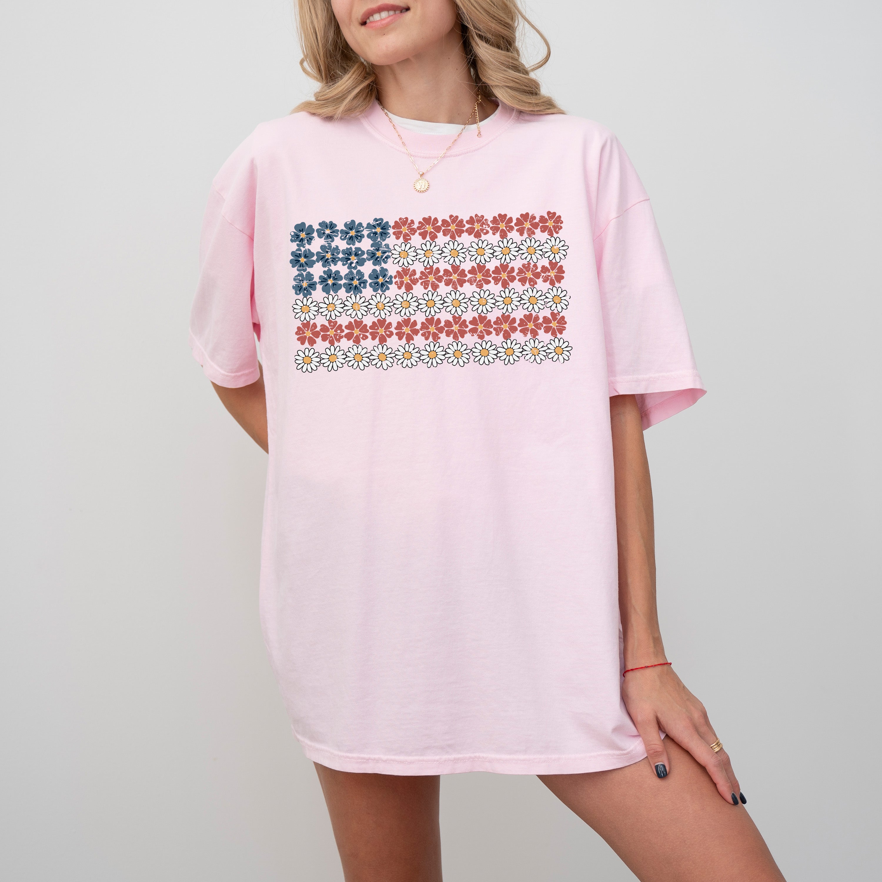 American Flag, Flowers, Red White Blue, Floral, Patriotic, Independence Day, 1776, USA, Tshirt Comfort Colors T-Shirt