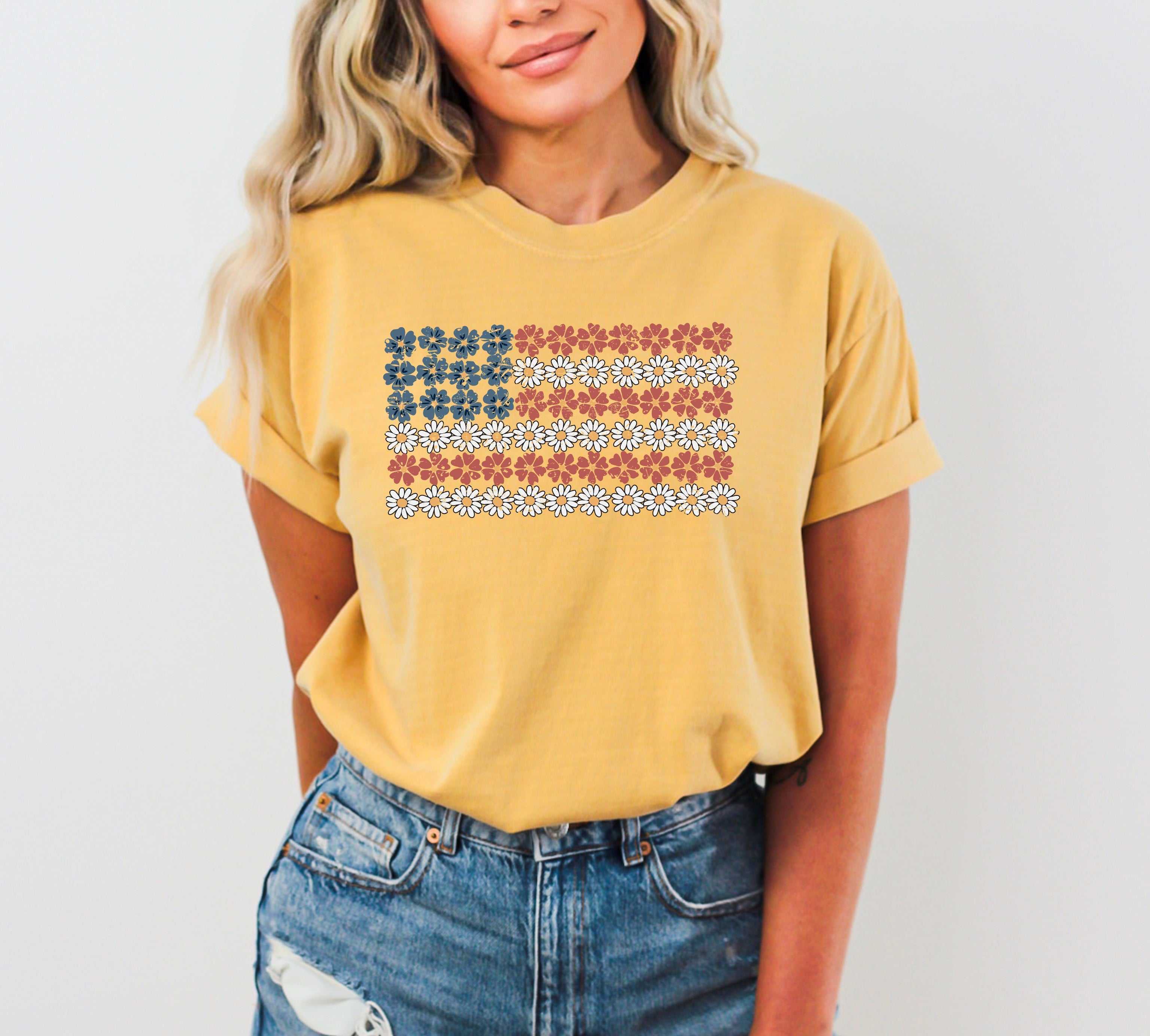 American Flag, Flowers, Red White Blue, Floral, Patriotic, Independence Day, 1776, USA, Tshirt Comfort Colors T-Shirt