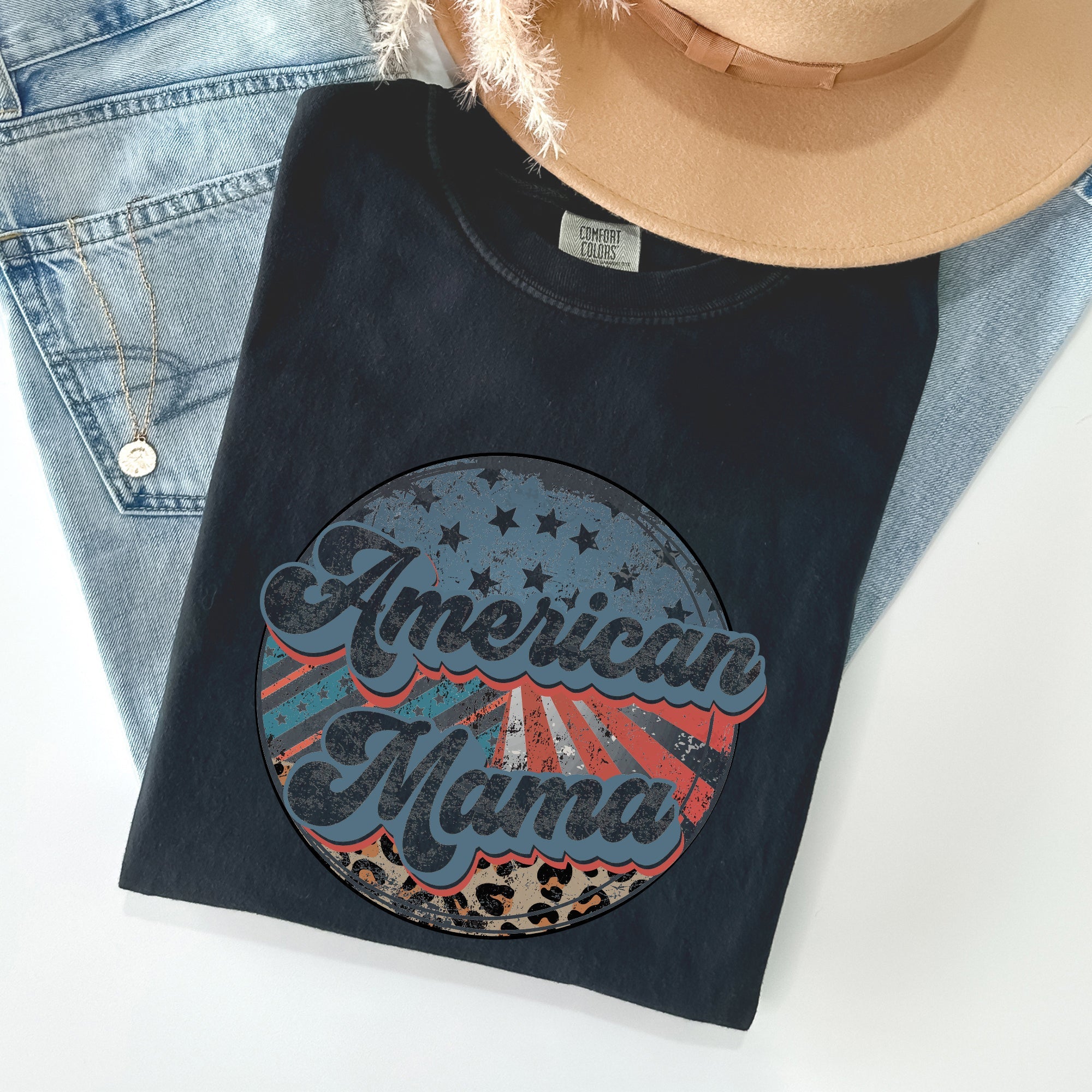 American Mama, Leopard Print, Patriotic, 4th of July Tshirt Comfort Colors T-Shirt