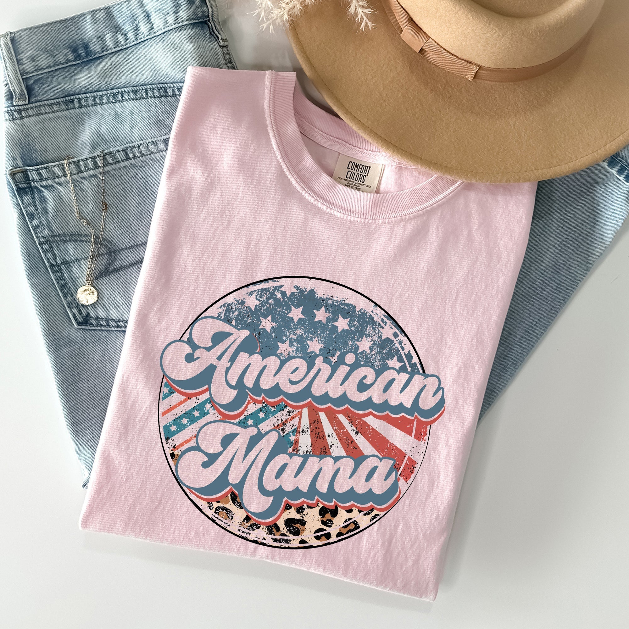 American Mama, Leopard Print, Patriotic, 4th of July Tshirt Comfort Colors T-Shirt