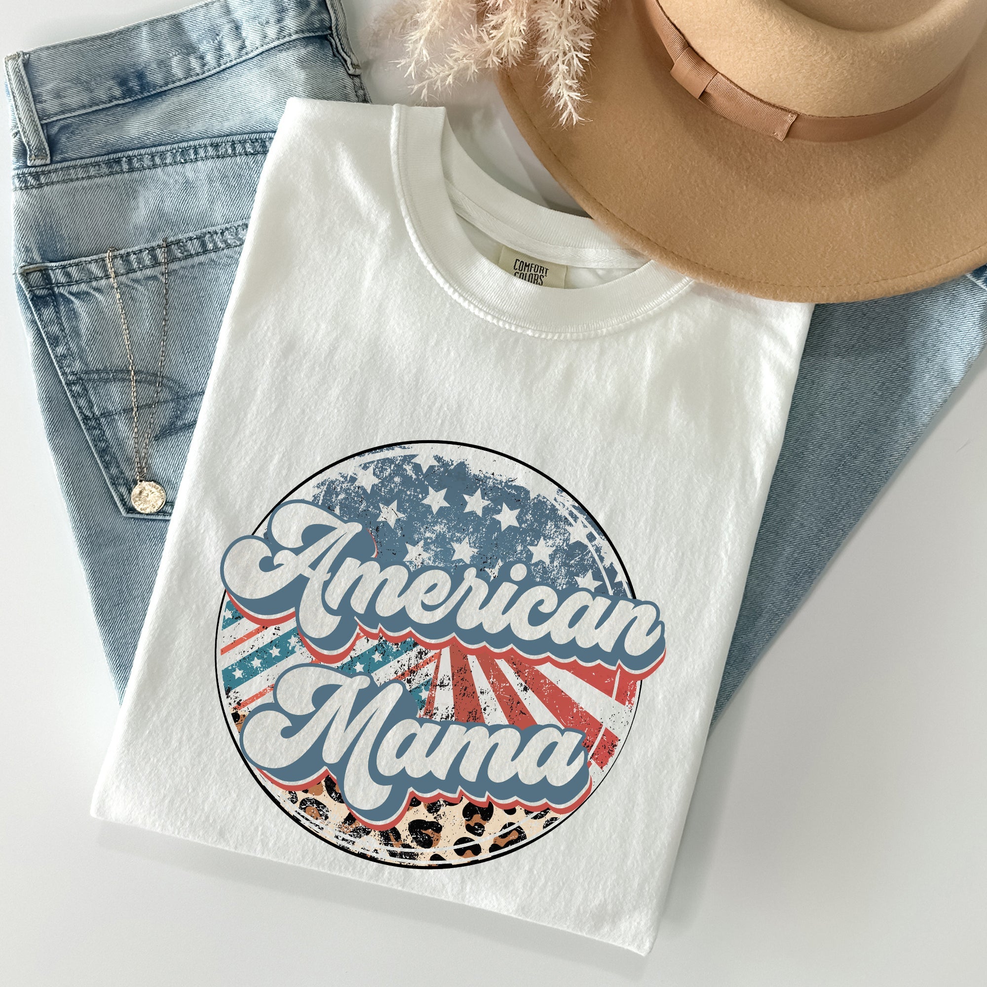American Mama, Leopard Print, Patriotic, 4th of July Tshirt Comfort Colors T-Shirt