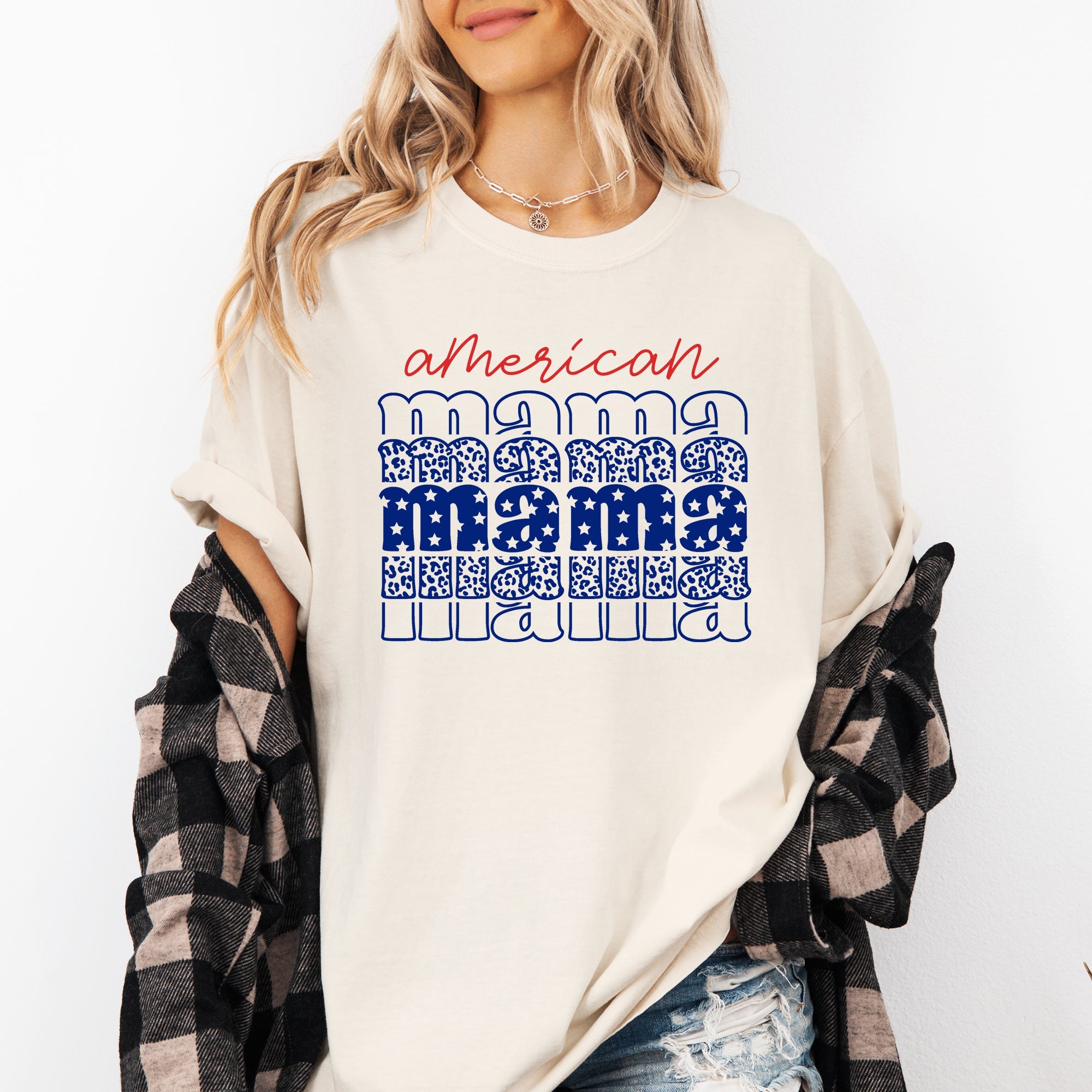 American Mama, Retro, Patriotic, Stars, Leopard, 4th of July Tshirt Comfort Colors T-Shirt