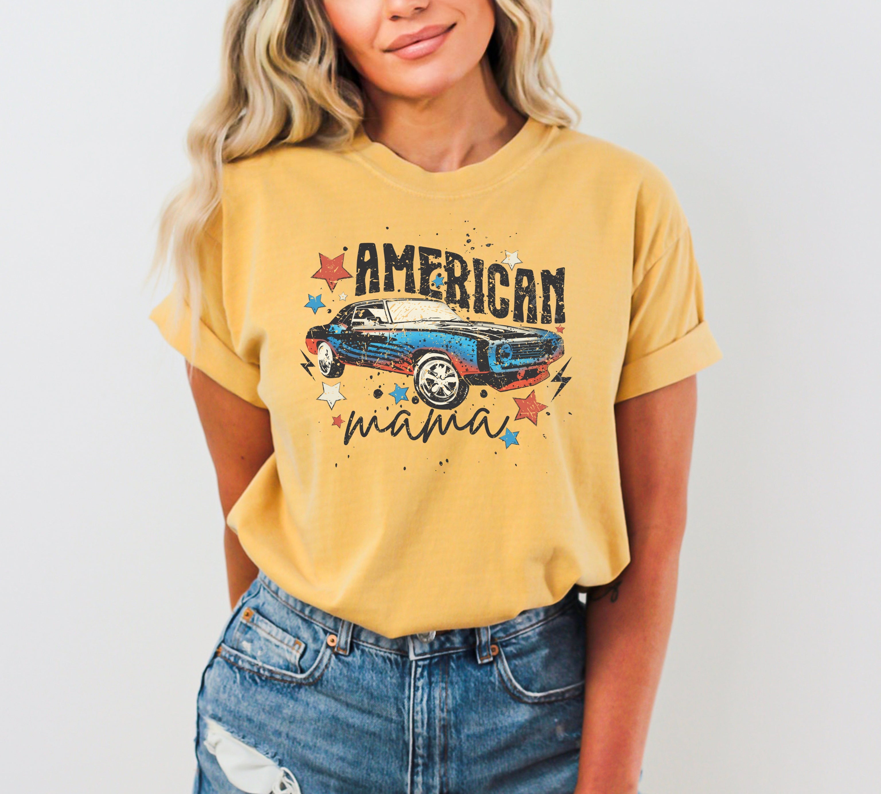 American Mama, Retro, Vintage, Muscle Car, Concert, Music, Patriotic, USA, Independence Day, Tshirt Comfort Colors T-Shirt