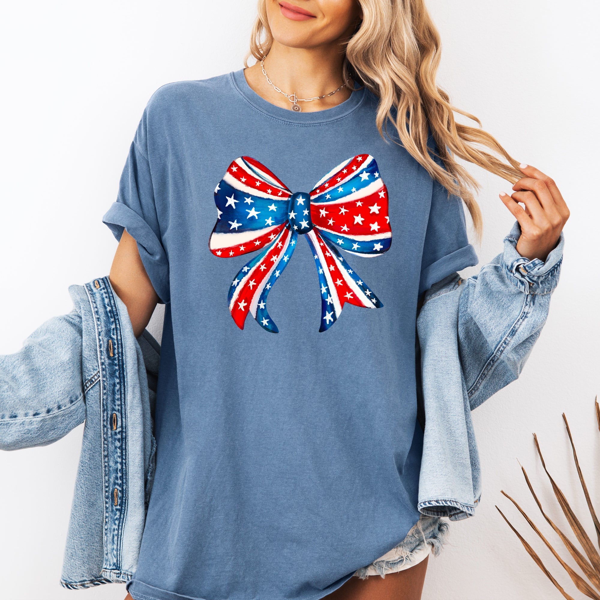 American, Bow, Red, White, Blue, Patriotic, 4th of July Tshirt Comfort Colors T-Shirt