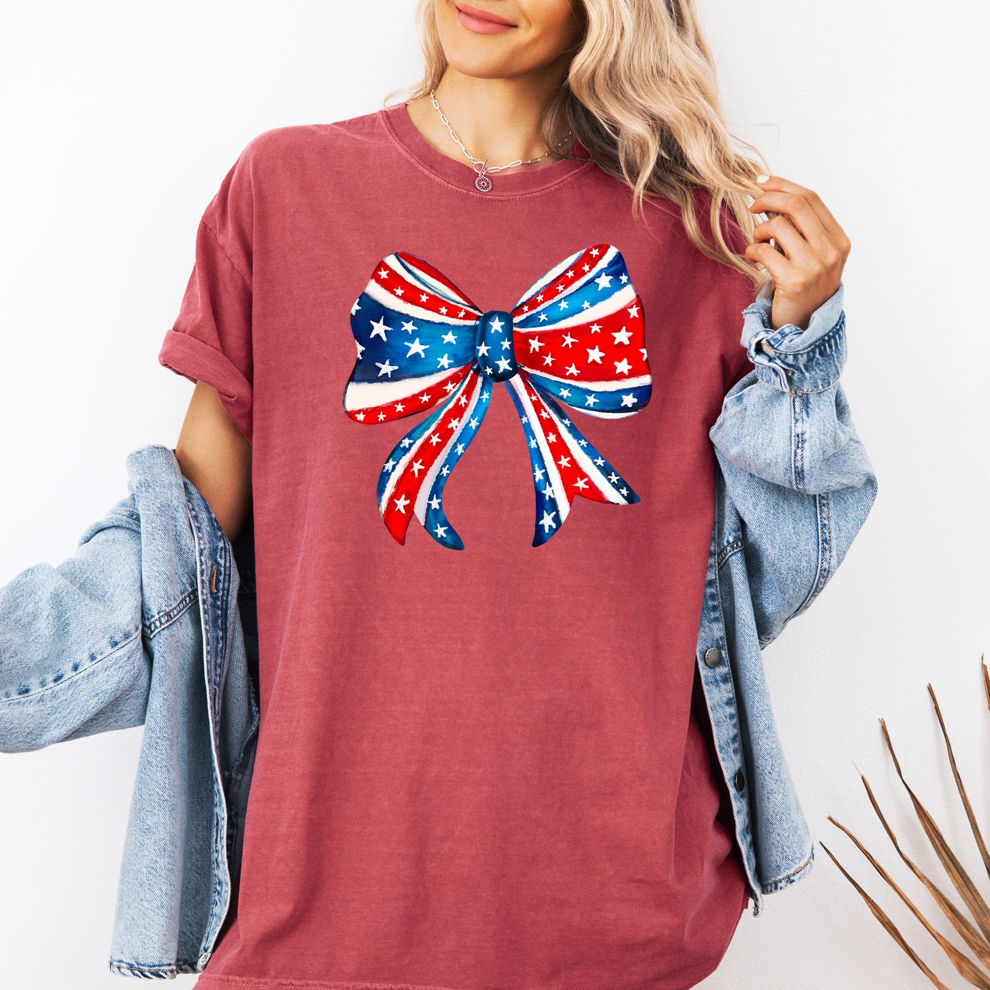 American, Bow, Red, White, Blue, Patriotic, 4th of July Tshirt Comfort Colors T-Shirt