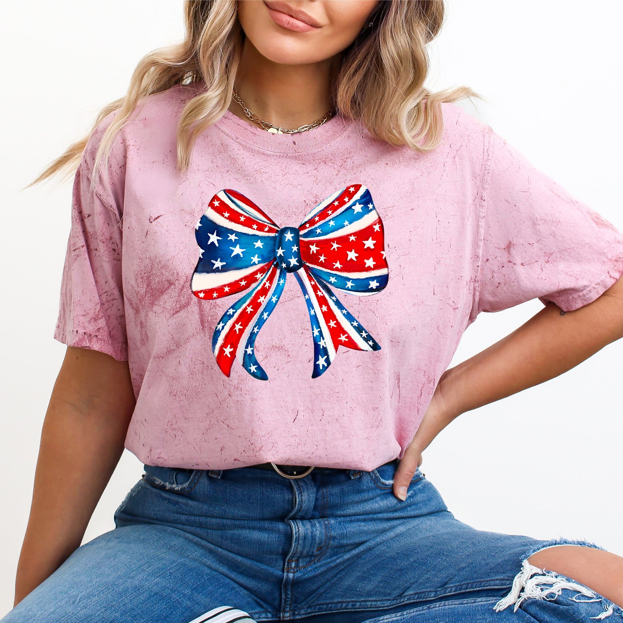 American, Bow, Red, White, Blue, Patriotic, 4th of July, Color Blast Tshirt Comfort Colors T-Shirt