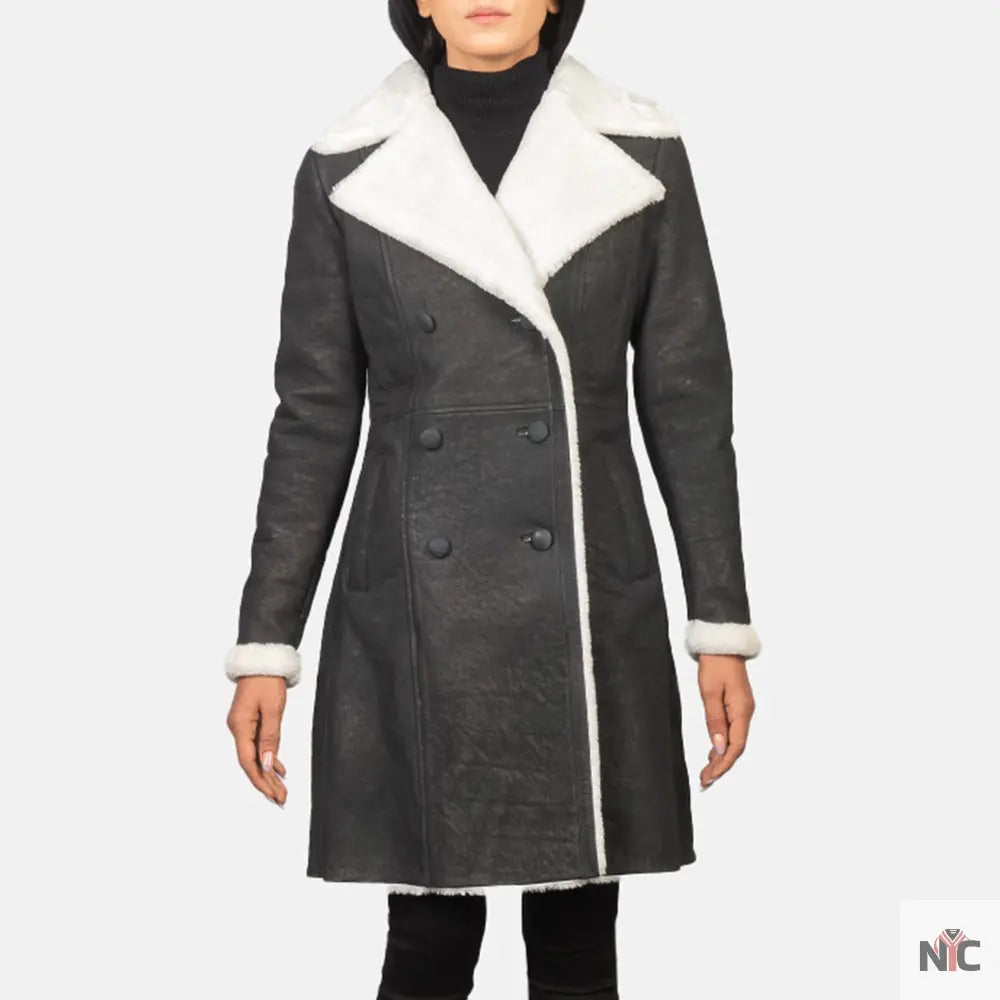 Amie Black Double Breasted Shearling Coat Shopotiny