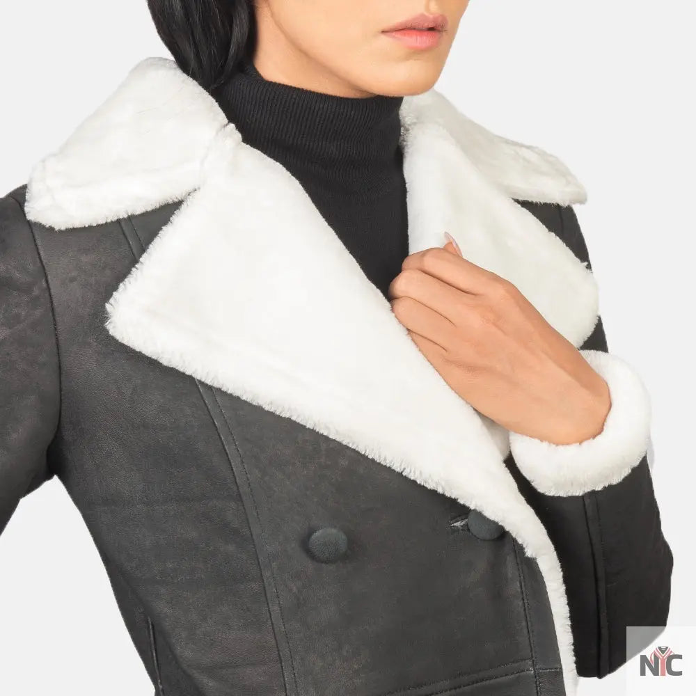 Amie Black Double Breasted Shearling Coat Shopotiny