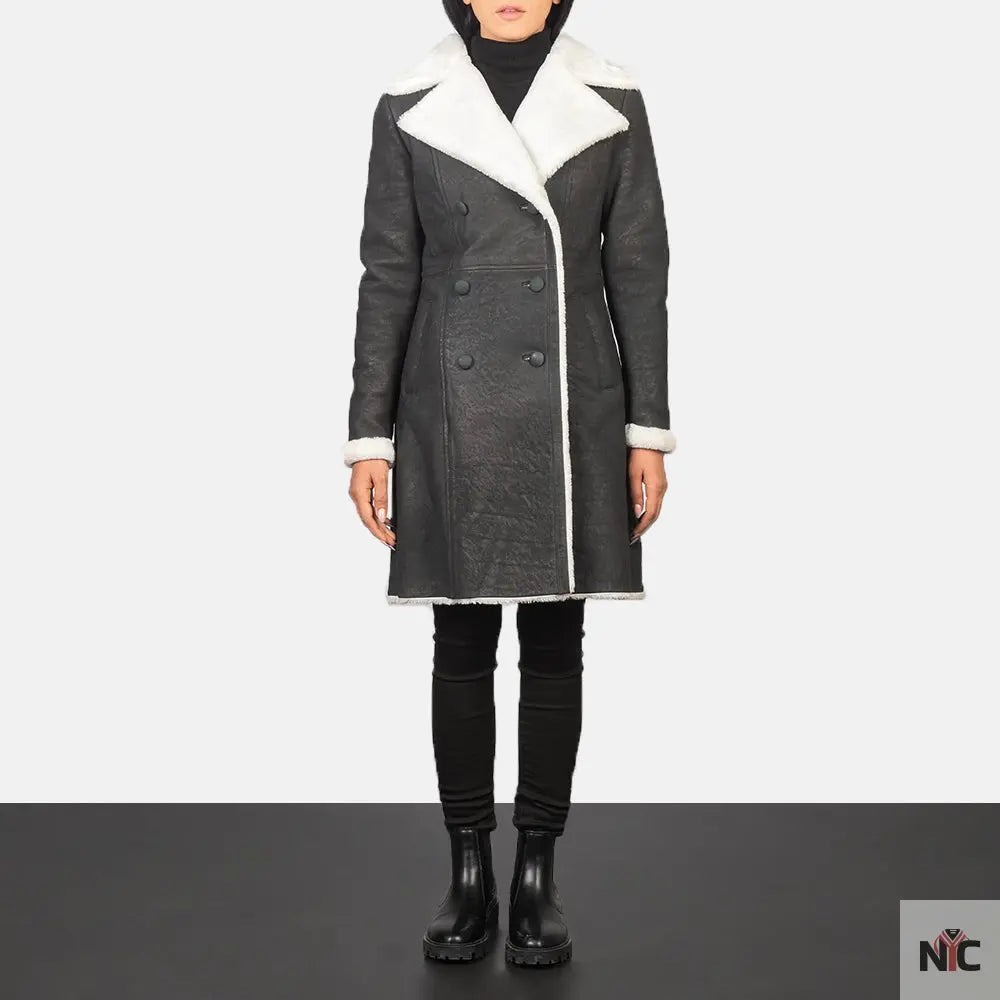 Amie Black Double Breasted Shearling Coat Shopotiny