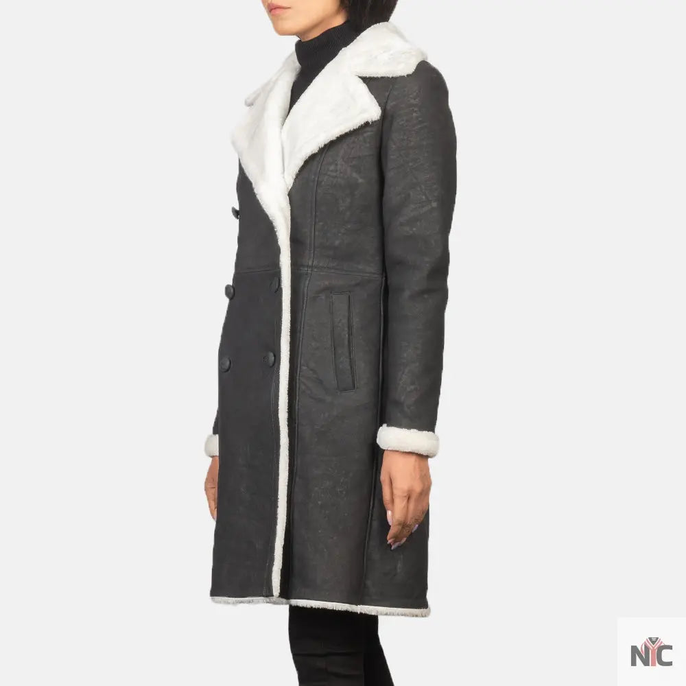 Amie Black Double Breasted Shearling Coat Shopotiny