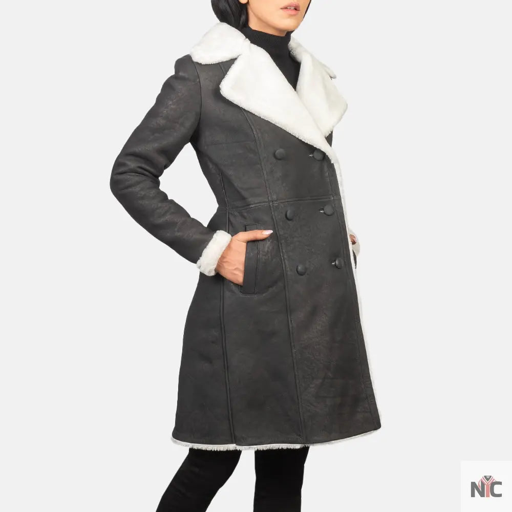 Amie Black Double Breasted Shearling Coat Shopotiny