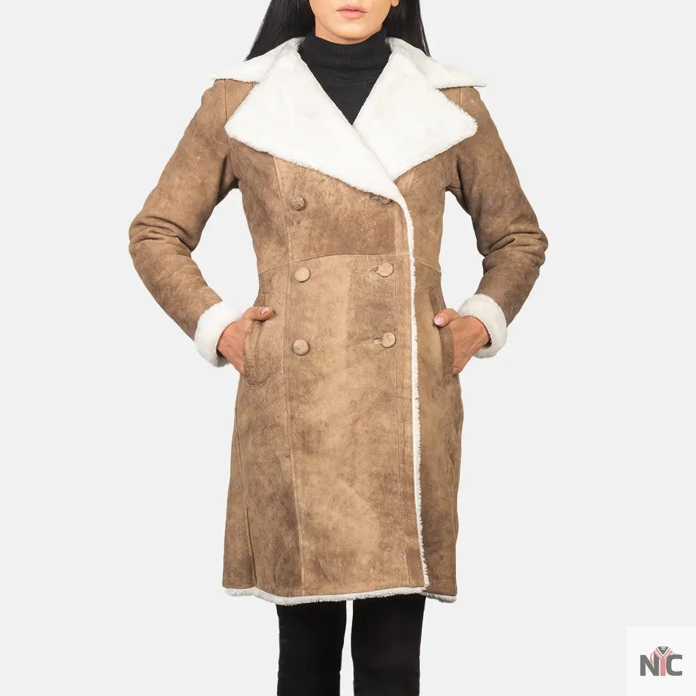 Amie Distressed Brown Double Breasted Shearling Coat Shopotiny
