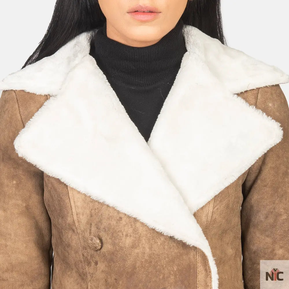 Amie Distressed Brown Double Breasted Shearling Coat Shopotiny