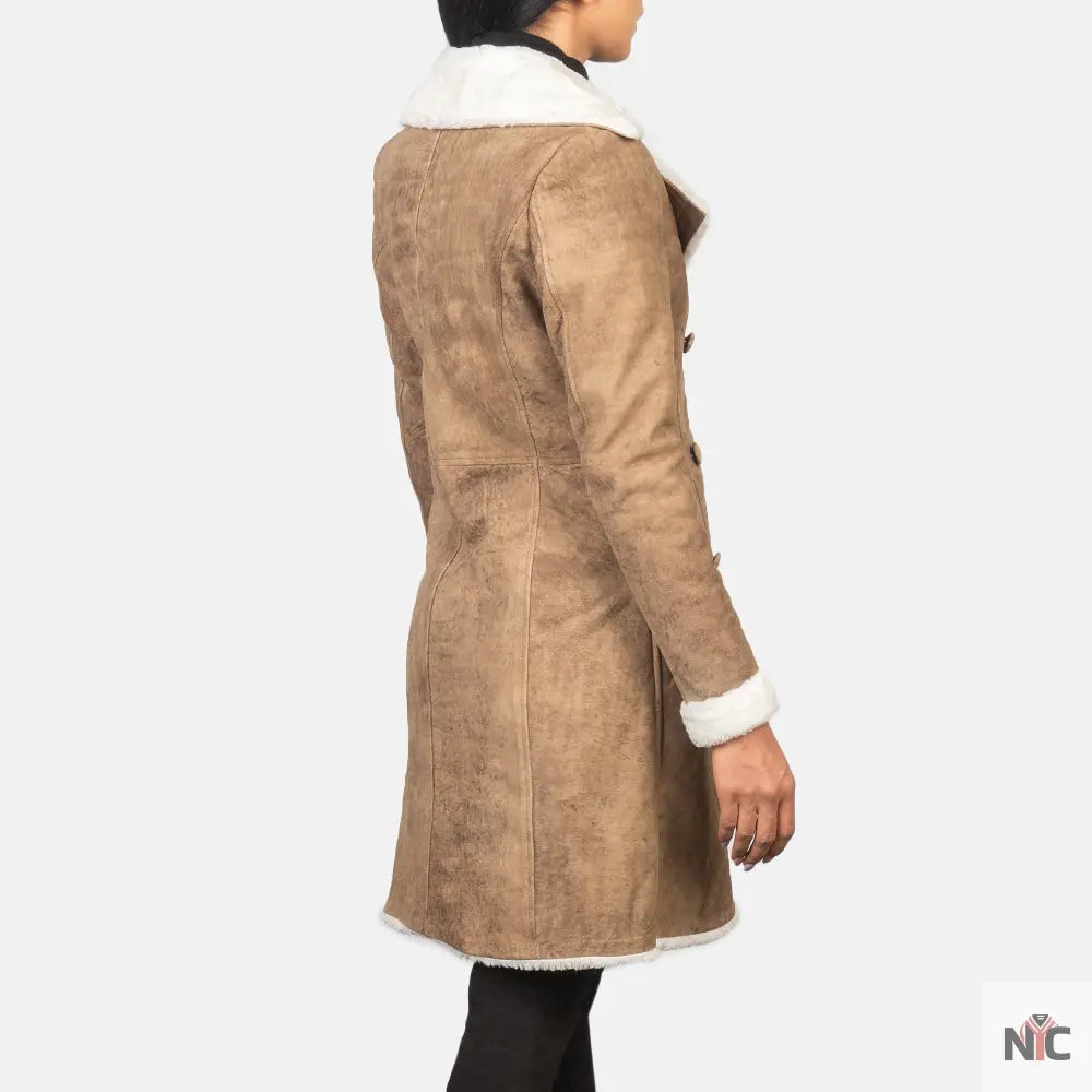 Amie Distressed Brown Double Breasted Shearling Coat Shopotiny