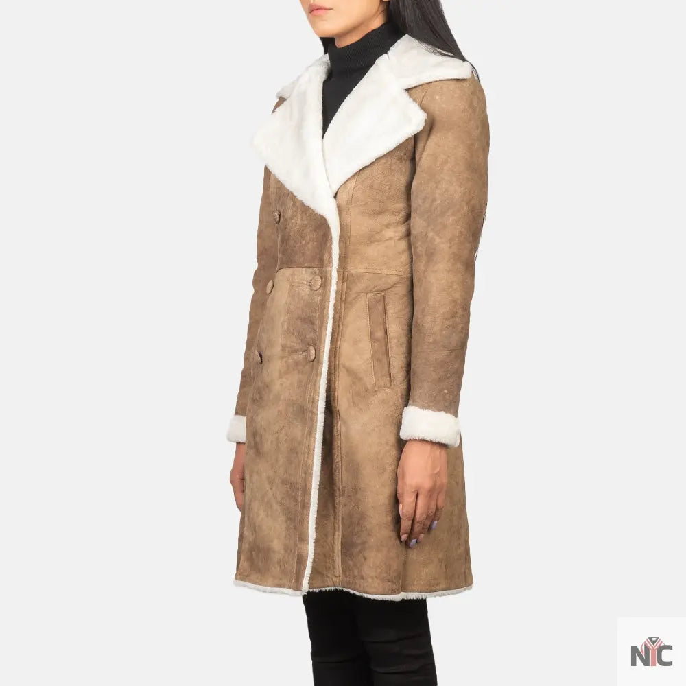 Amie Distressed Brown Double Breasted Shearling Coat Shopotiny