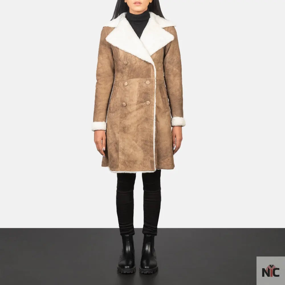 Amie Distressed Brown Double Breasted Shearling Coat Shopotiny