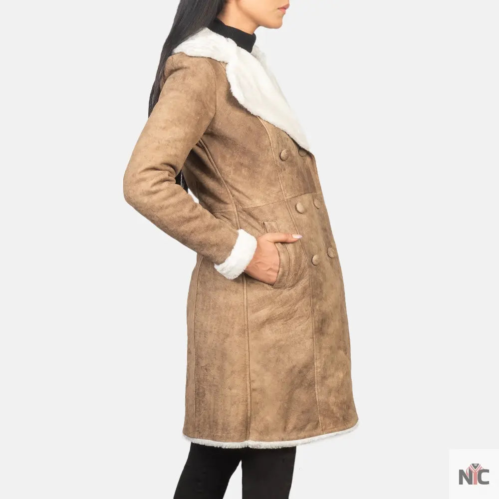 Amie Distressed Brown Double Breasted Shearling Coat Shopotiny