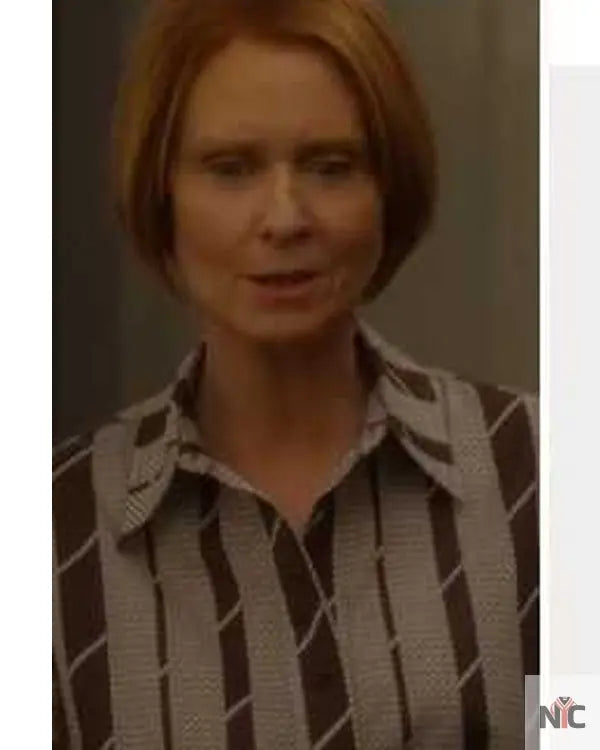 And Just Like That S03 Cynthia Nixon Brown Striped Shirt Clanton Jacket