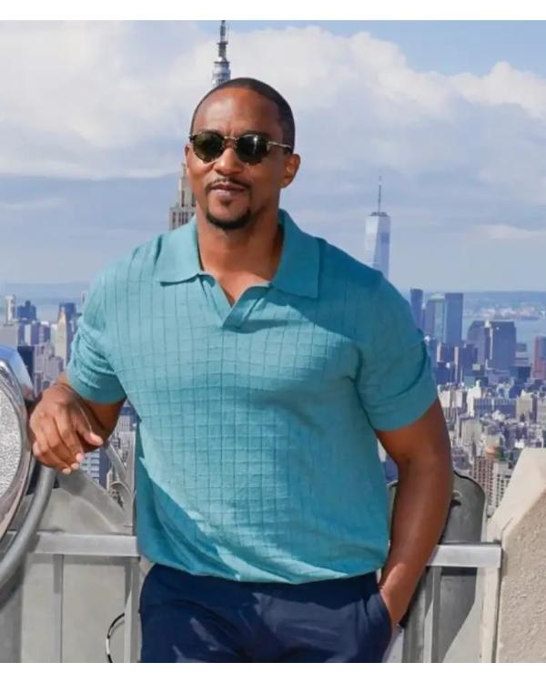Anthony Mackie Twisted Metal S02 Photo Call Blue Polo Shirt Clanton Jacket