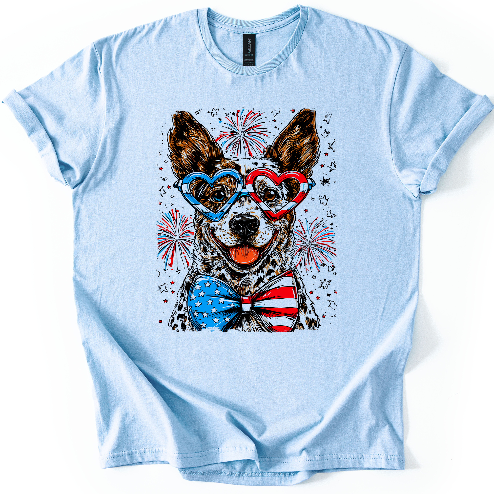 Australian Cattle Patriotic Dog, USA, America, Pet Lover, 4th of July, Soft Style T-Shirt