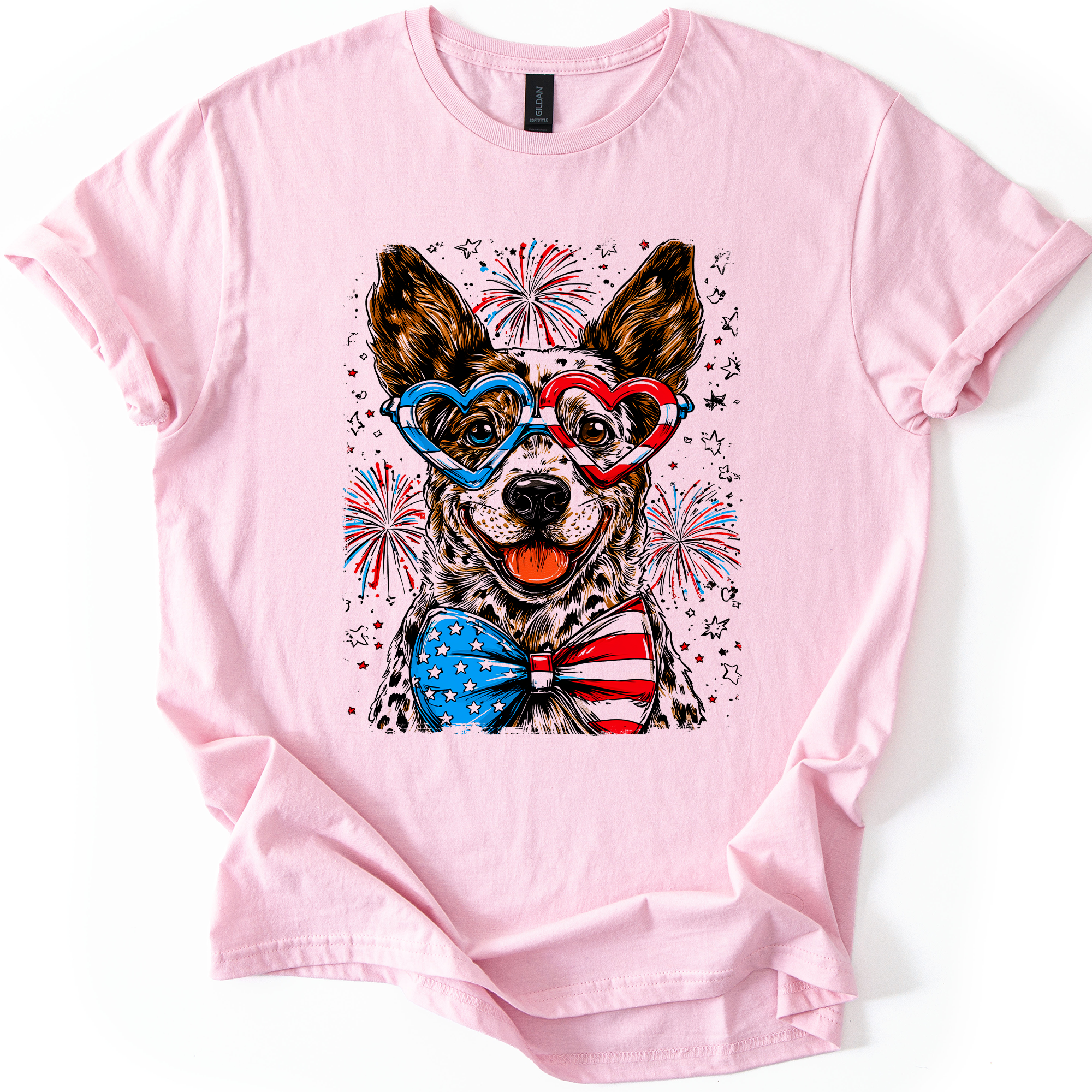 Australian Cattle Patriotic Dog, USA, America, Pet Lover, 4th of July, Soft Style T-Shirt