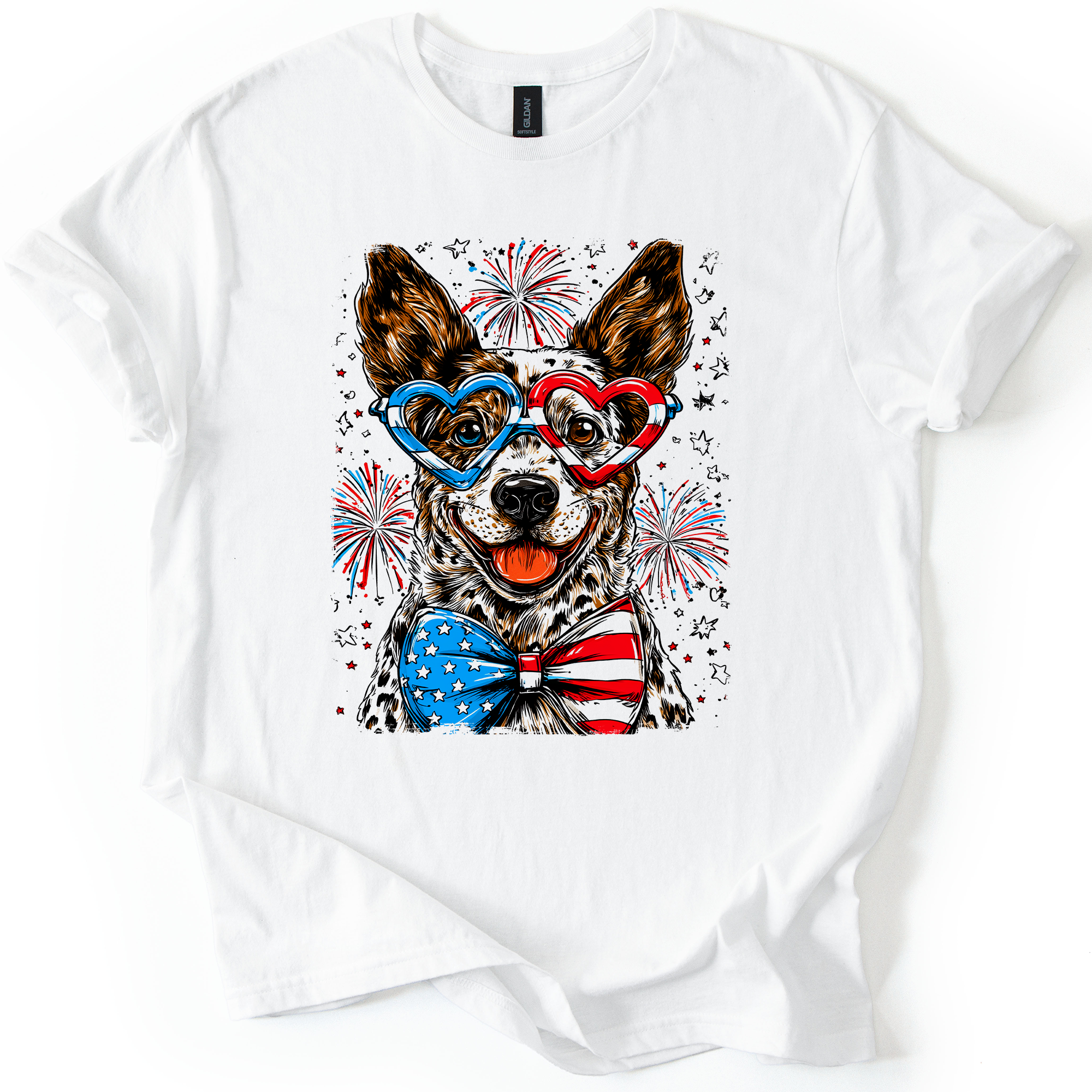 Australian Cattle Patriotic Dog, USA, America, Pet Lover, 4th of July, Soft Style T-Shirt